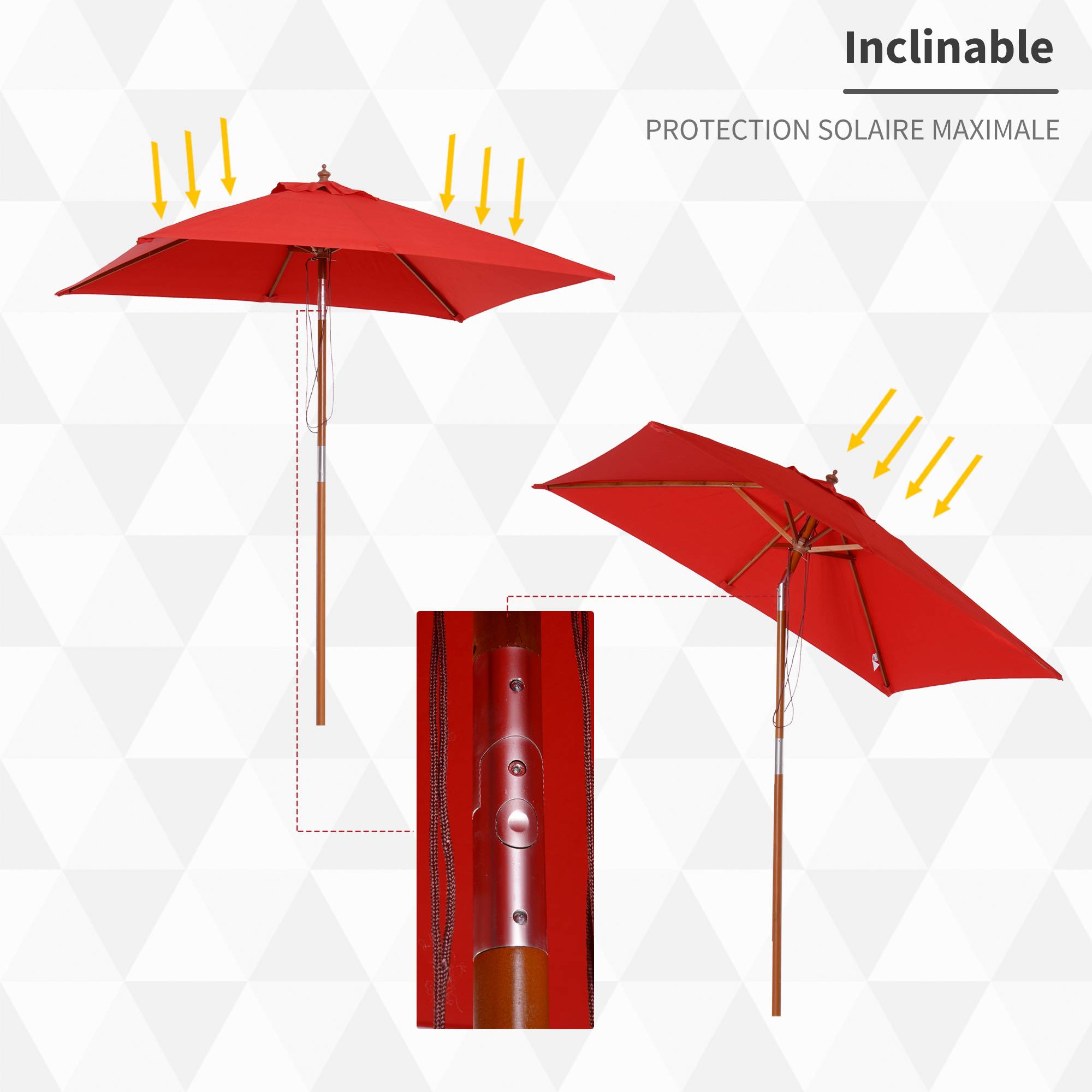 Parasol de jardin extérieur Parasol rectangulaire inclinable - 200x150x235cm Bois Rouge fr156 - Image 6