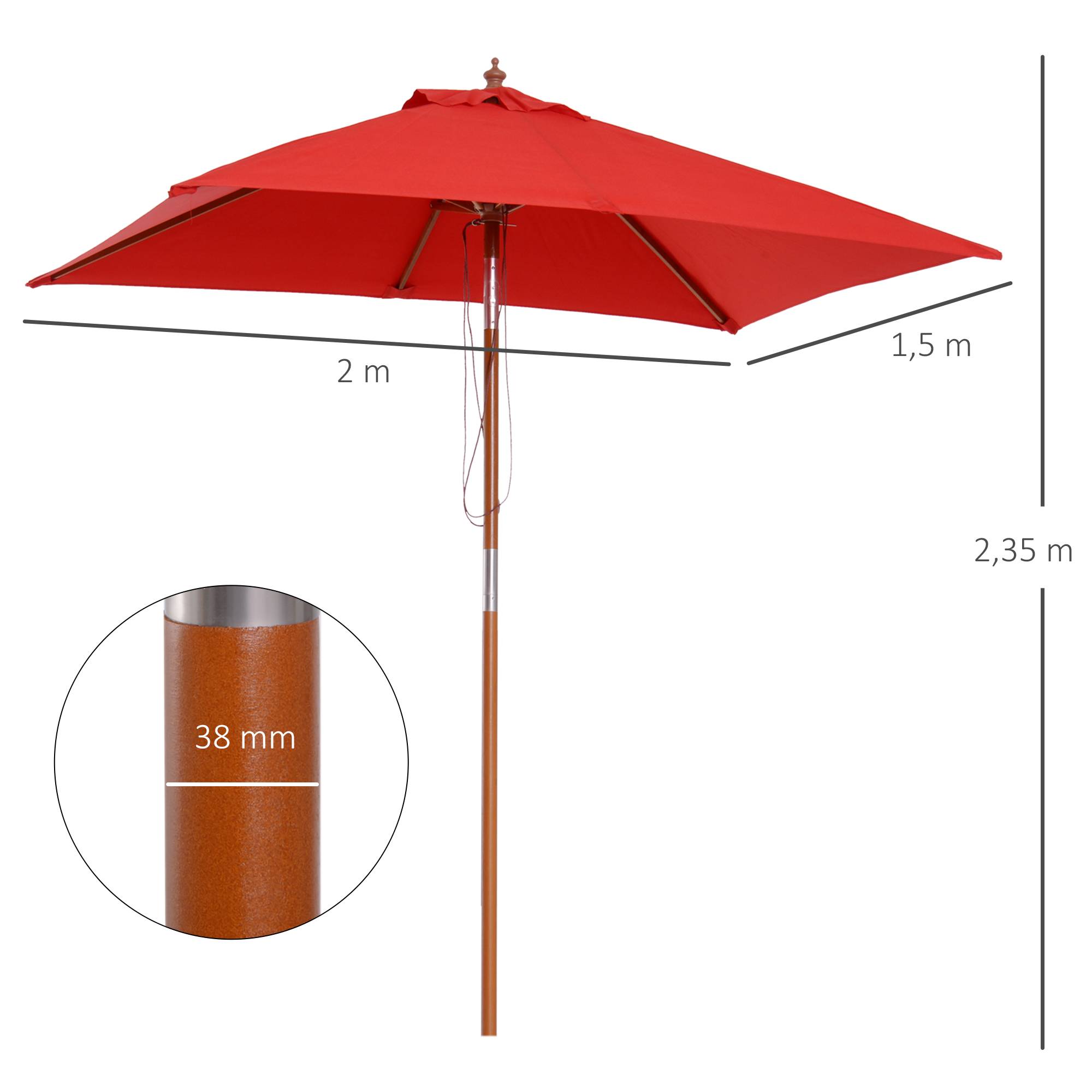 Parasol de jardin extérieur Parasol rectangulaire inclinable - 200x150x235cm Bois Rouge fr156 - Image 5