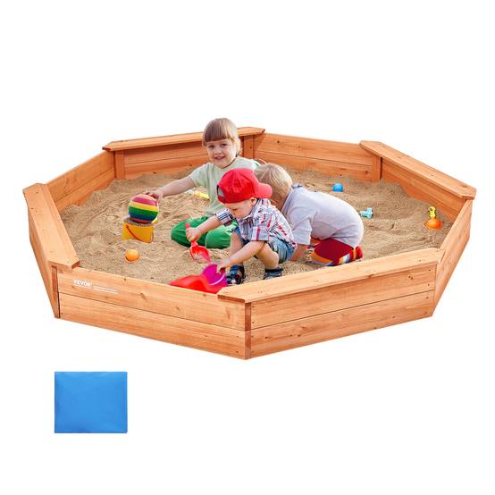 VEVOR Bac sable bois couvercle, octogonal 192x192x23 cm. 4 sièges, doublure, pour jardin, 3-12 ans. - Image 1