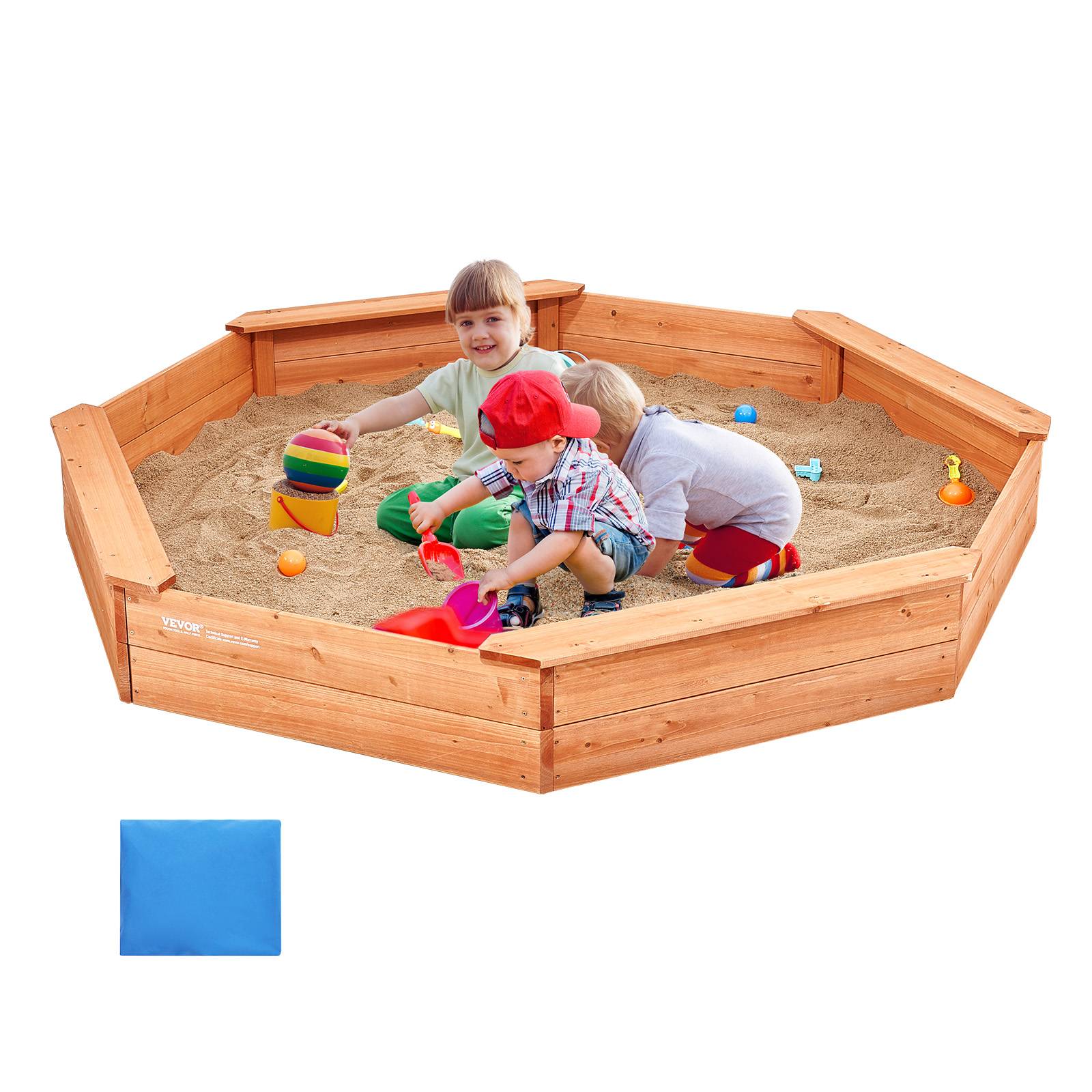 VEVOR Bac sable bois couvercle, octogonal 192x192x23 cm. 4 sièges, doublure, pour jardin, 3-12 ans.