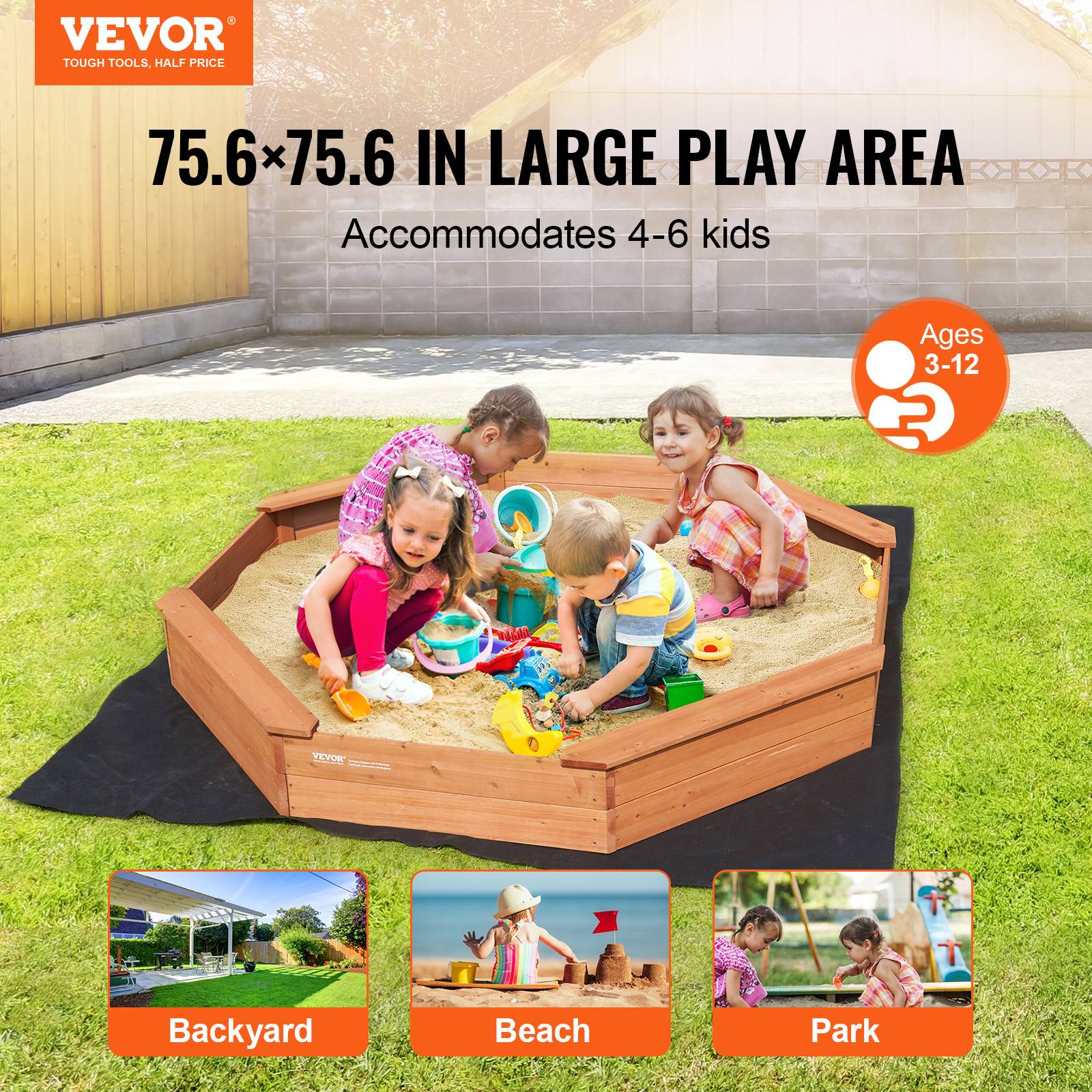 VEVOR Bac sable bois couvercle, octogonal 192x192x23 cm. 4 sièges, doublure, pour jardin, 3-12 ans. - Image 2