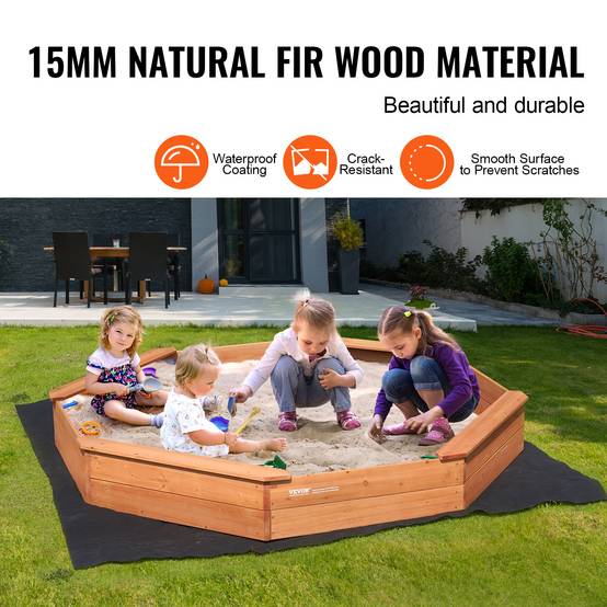 VEVOR Bac sable bois couvercle, octogonal 192x192x23 cm. 4 sièges, doublure, pour jardin, 3-12 ans. - Image 3