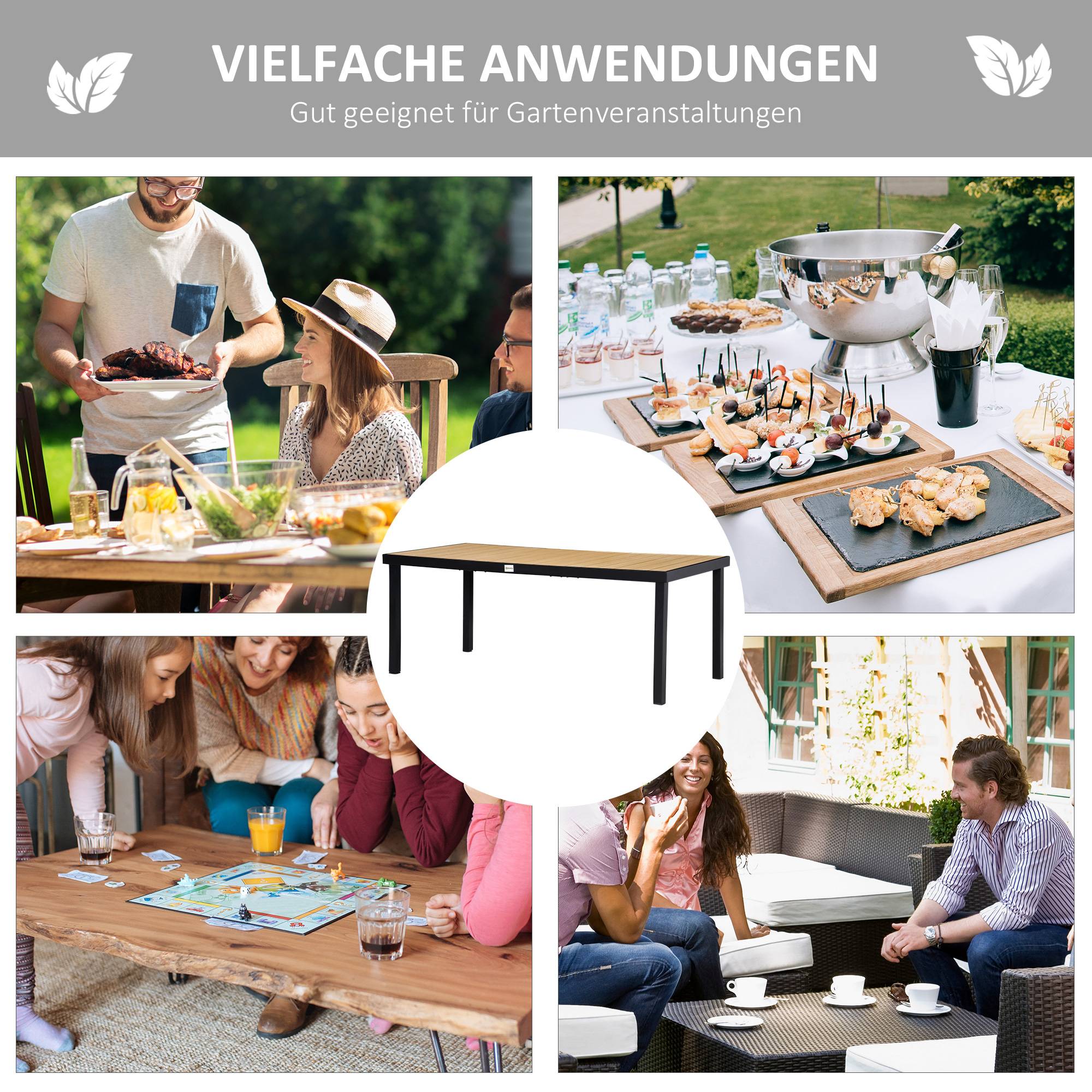 Table à manger aluminium pour 8 personnes, plateau plastique facile entretien, mobilier jardin naturel et noir 190x90x74 cm - Image 6