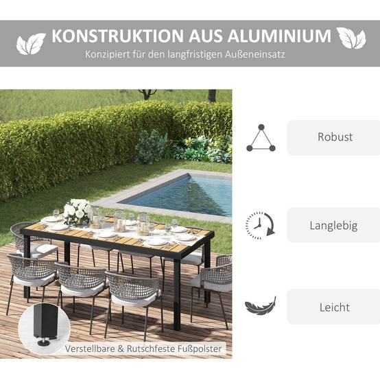Table à manger aluminium pour 8 personnes, plateau plastique facile entretien, mobilier jardin naturel et noir 190x90x74 cm - Image 5