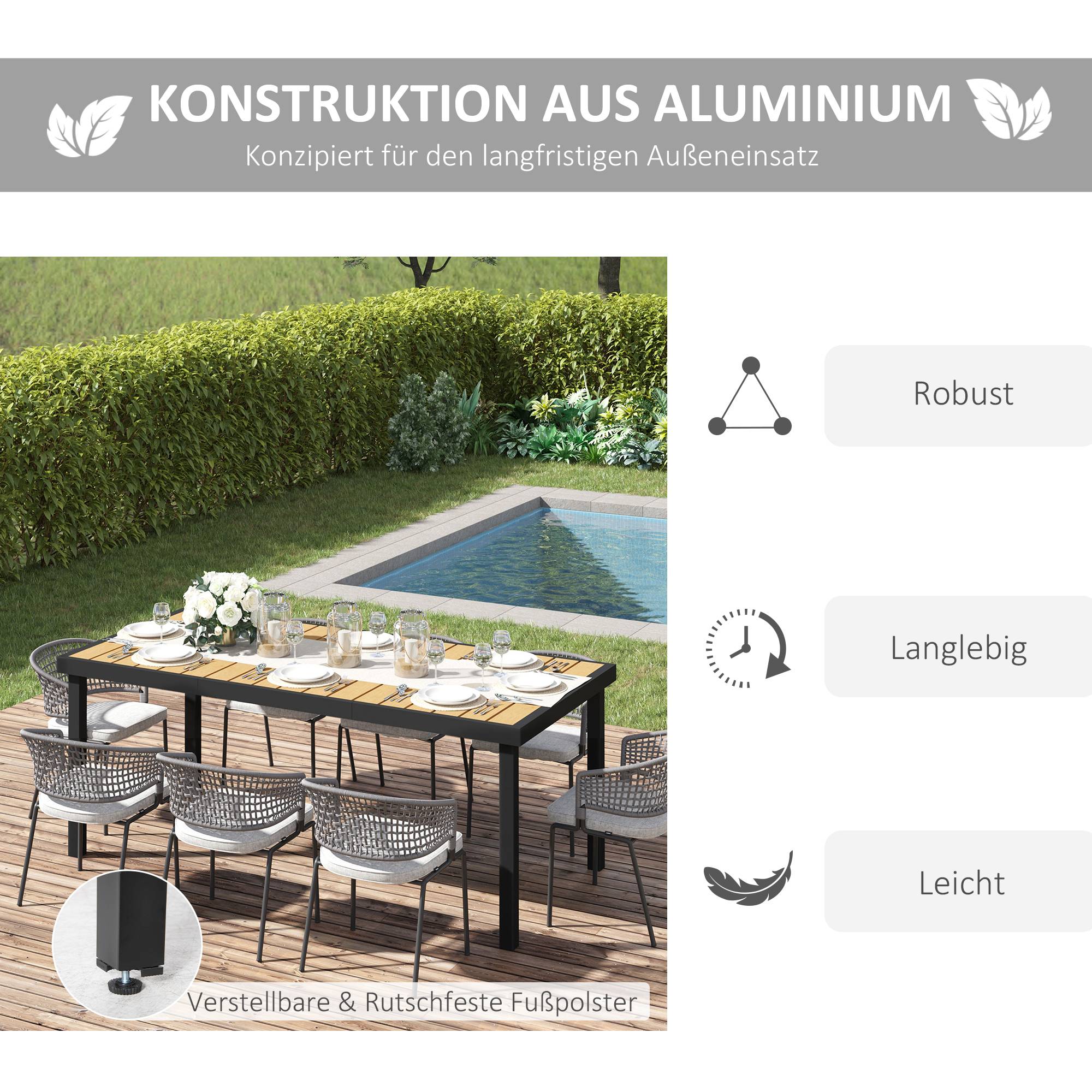 Table à manger aluminium pour 8 personnes, plateau plastique facile entretien, mobilier jardin naturel et noir 190x90x74 cm - Image 5