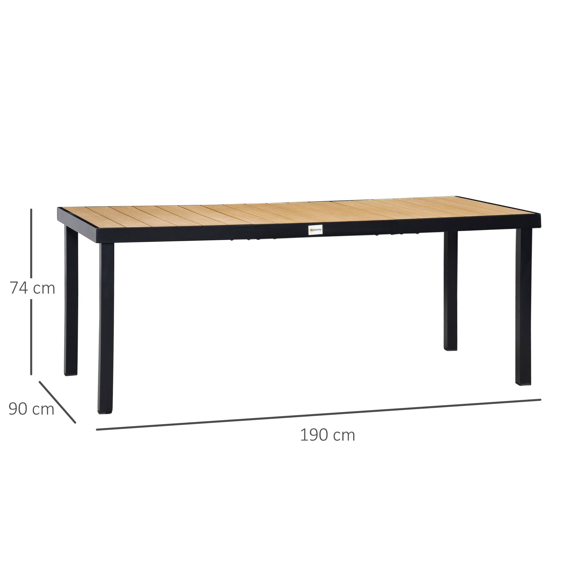 Table à manger aluminium pour 8 personnes, plateau plastique facile entretien, mobilier jardin naturel et noir 190x90x74 cm - Image 3