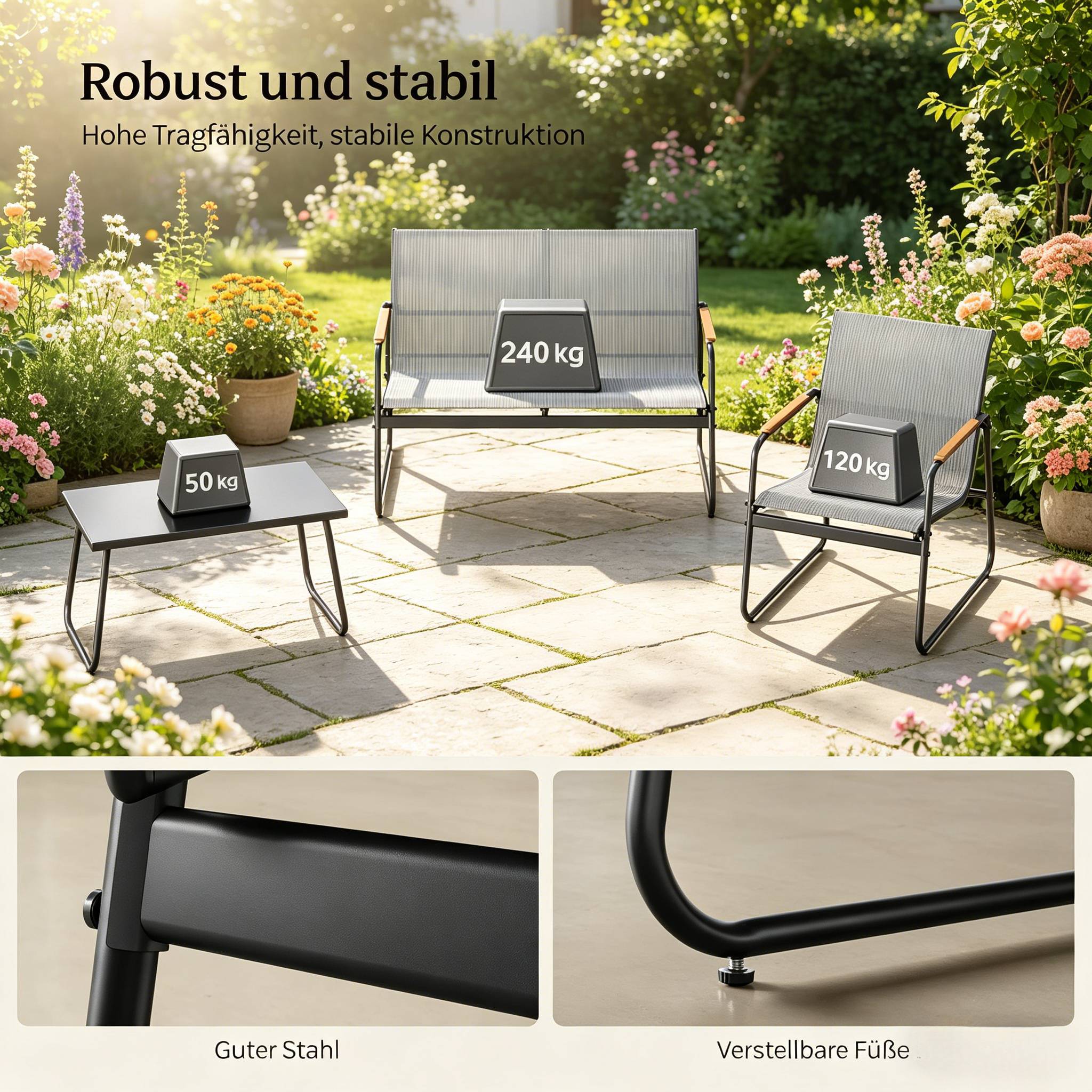 Salon de jardin 4 places métal textilène pour terrasse extérieur détente gris - ComfortXL Outdoor Living - Image 7