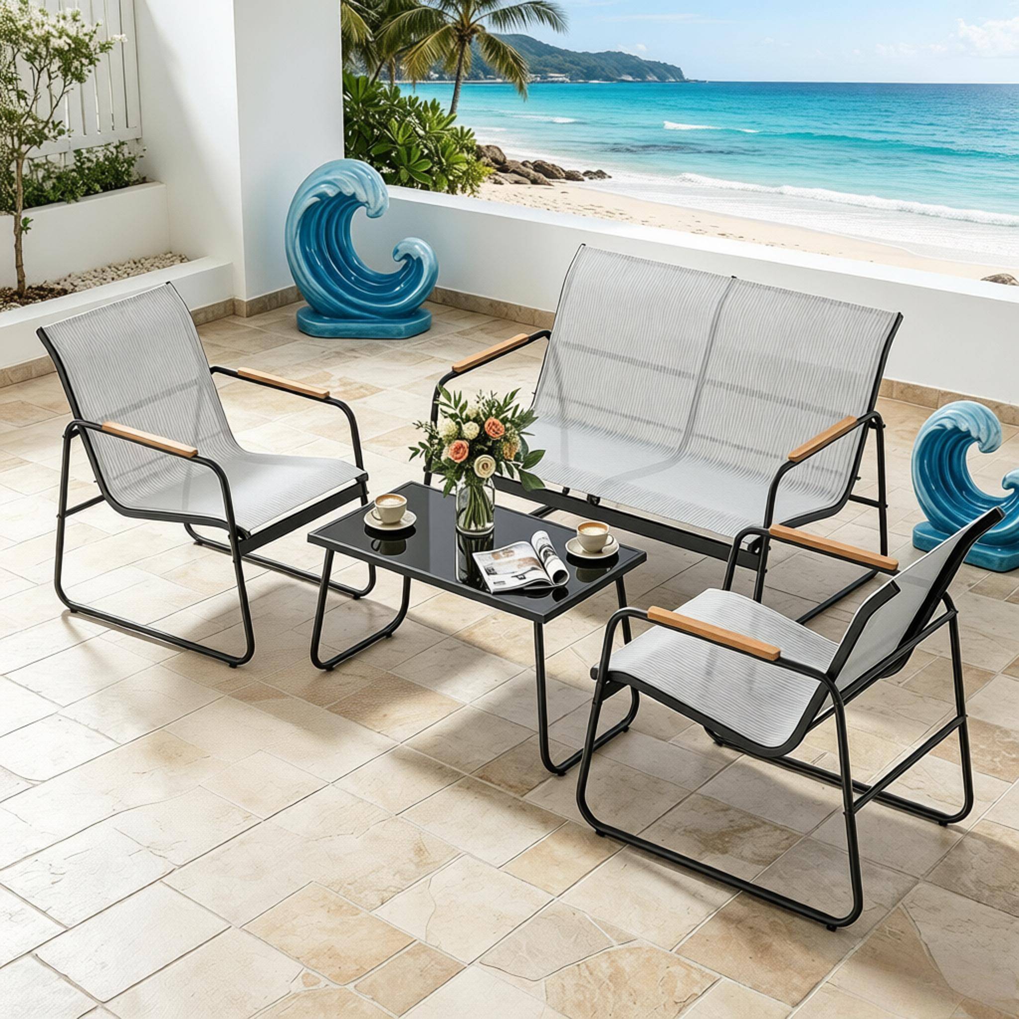 Salon de jardin 4 places métal textilène pour terrasse extérieur détente gris - ComfortXL Outdoor Living - Image 4