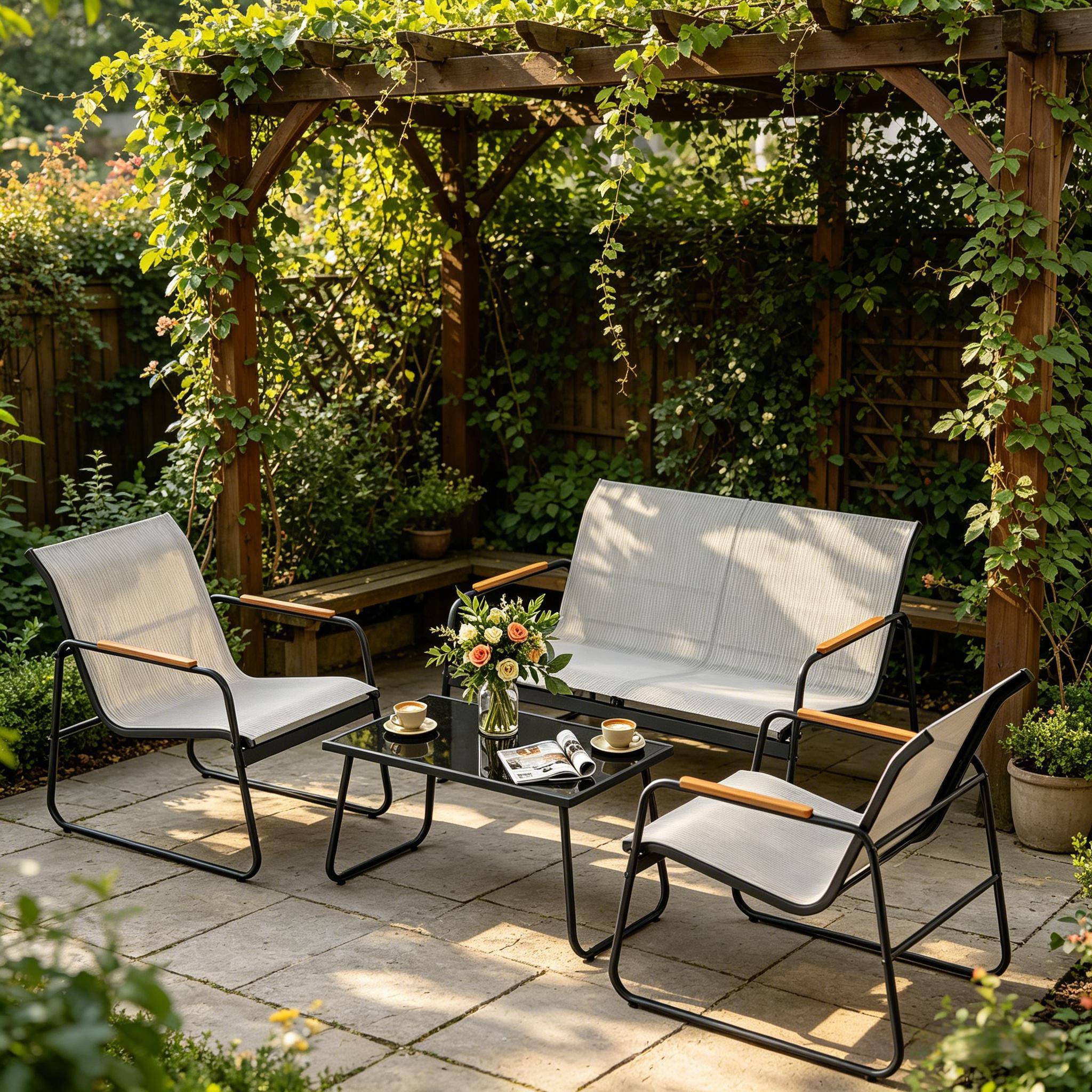 Salon de jardin 4 places métal textilène pour terrasse extérieur détente gris - ComfortXL Outdoor Living - Image 1