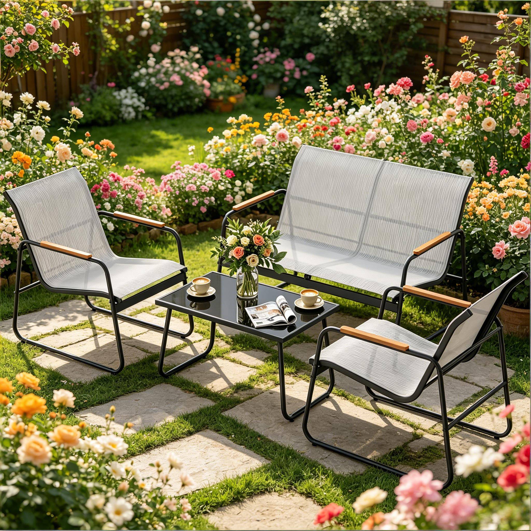 Salon de jardin 4 places métal textilène pour terrasse extérieur détente gris - ComfortXL Outdoor Living - Image 2