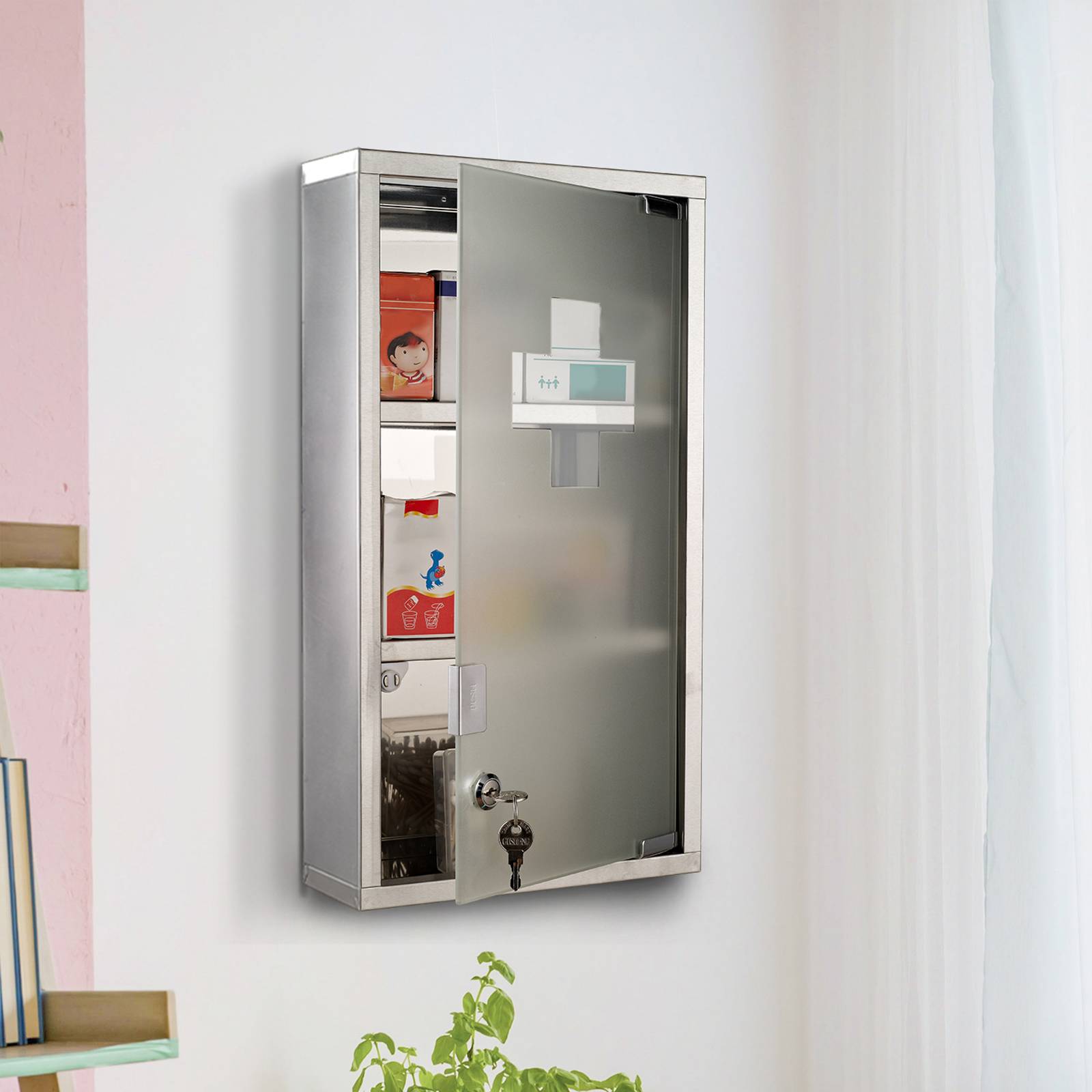 Sans Marque - Armoire pharmacie acier inoxydable rangement médicaments verrouillable 3 compartiments porte vitrée 25x12x48 cm argent - Image 3