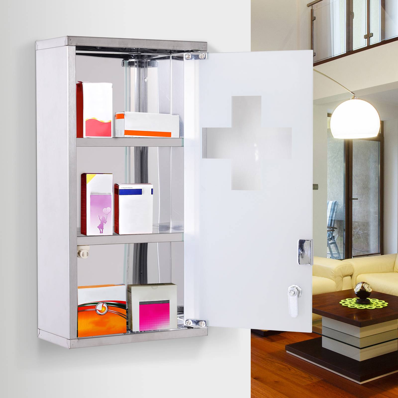 Sans Marque - Armoire pharmacie acier inoxydable rangement médicaments verrouillable 3 compartiments porte vitrée 25x12x48 cm argent - Image 4