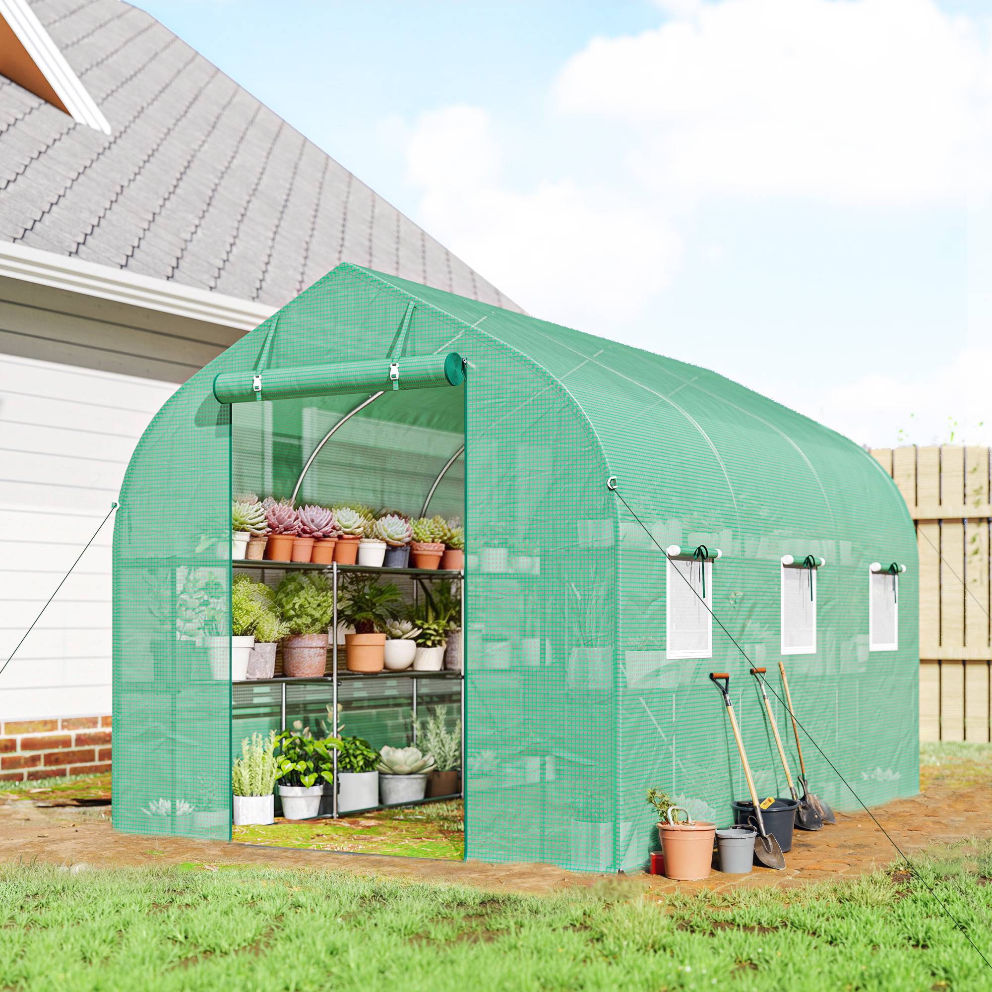 ComfortXL - Serre tunnel jardin 6 m² acier galvanisé 198 x 293 x 194 cm verte avec étagères 6 fenêtres - ComfortXL Outdoor Living - Image 1