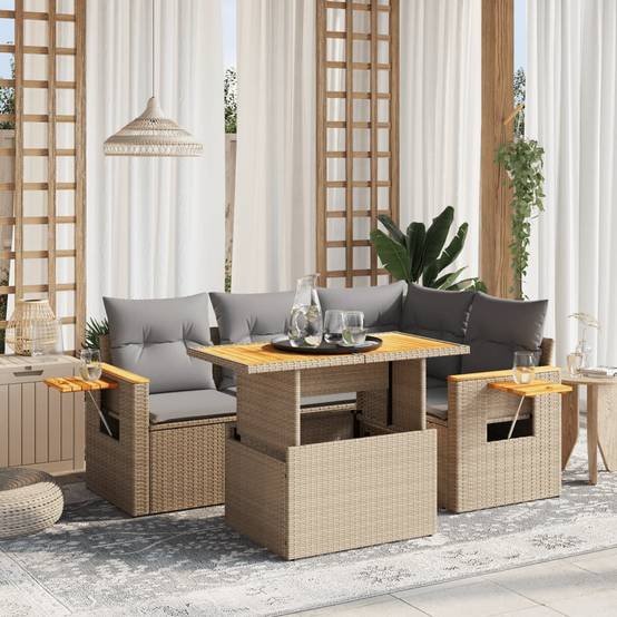 Salon de jardin 5 pcs Beige Résine Tressée Table Réglable et Tablette Appoint – ComfortXL Outdoor Living - Image 1
