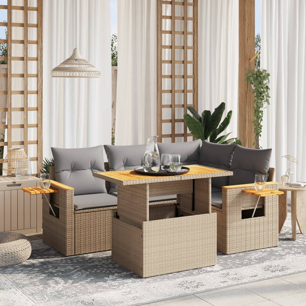 Salon de jardin 5 pcs Beige Résine Tressée Table Réglable et Tablette Appoint – ComfortXL Outdoor Living - Image 1