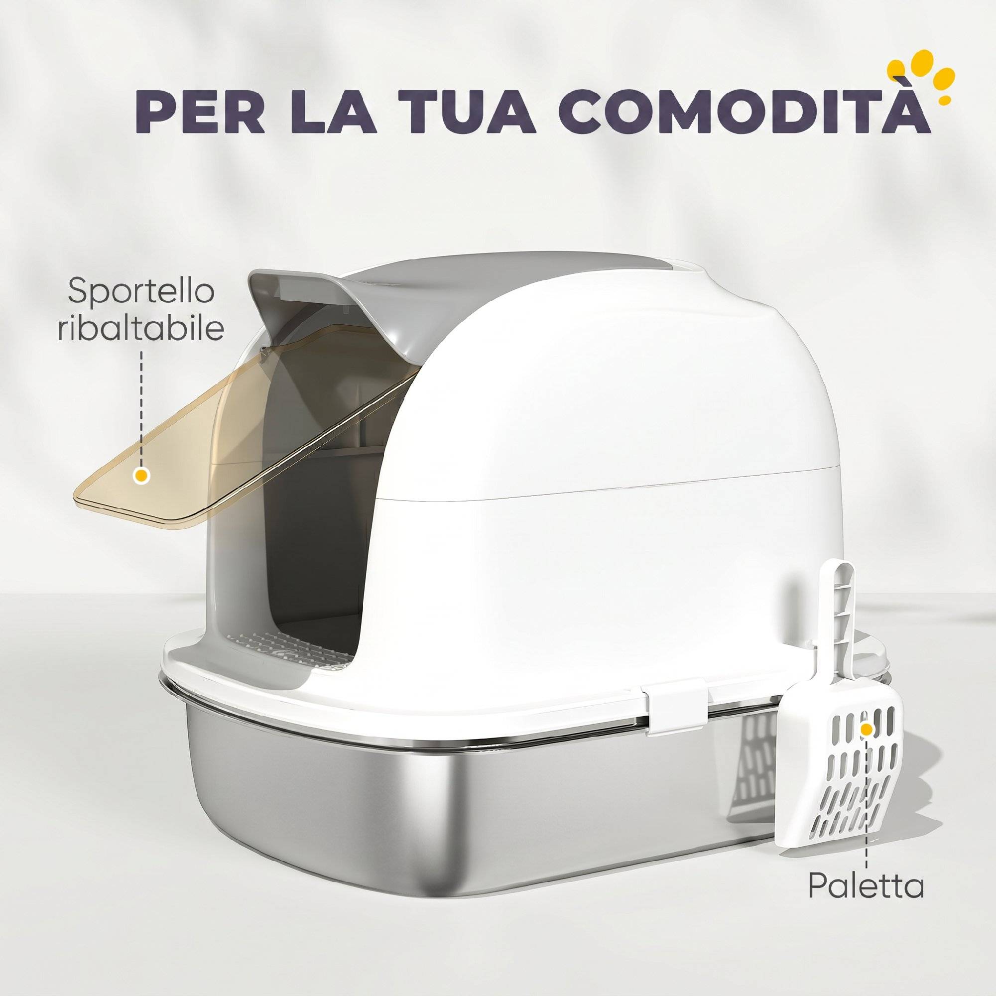 Litière fermée XL acier inox avec couvercle relevable, pelle, sachet désodorisant, blanc - Image 9