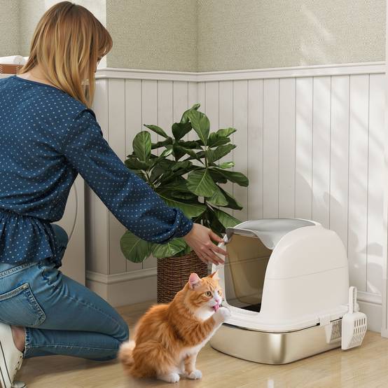 Litière fermée XL acier inox avec couvercle relevable, pelle, sachet désodorisant, blanc - Image 3