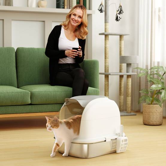 Litière fermée XL acier inox avec couvercle relevable, pelle, sachet désodorisant, blanc - Image 4