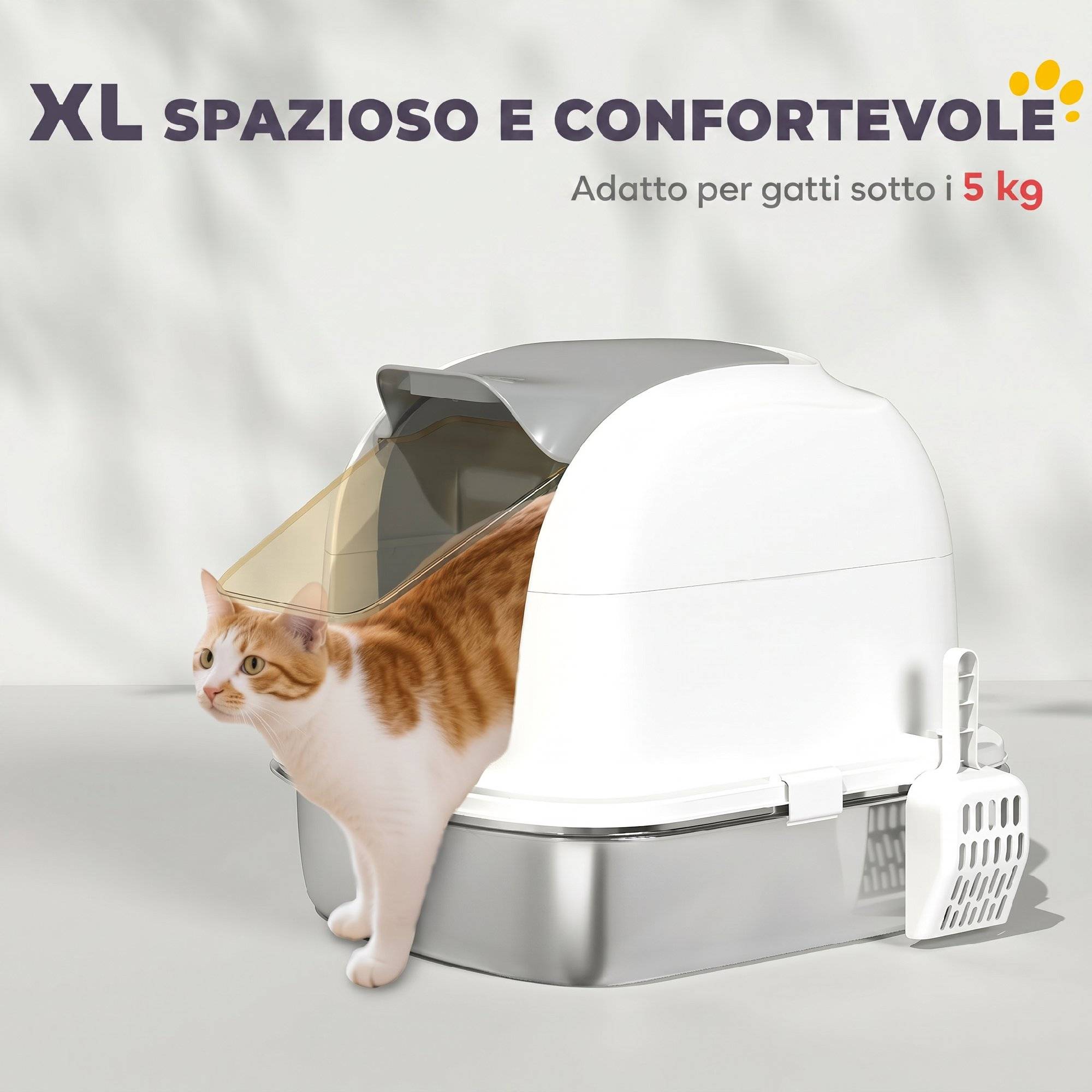 Litière fermée XL acier inox avec couvercle relevable, pelle, sachet désodorisant, blanc - Image 8