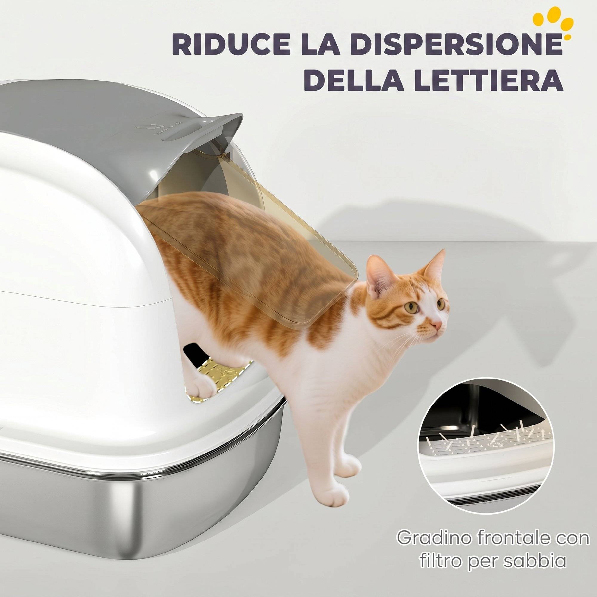 Litière fermée XL acier inox avec couvercle relevable, pelle, sachet désodorisant, blanc - Image 10