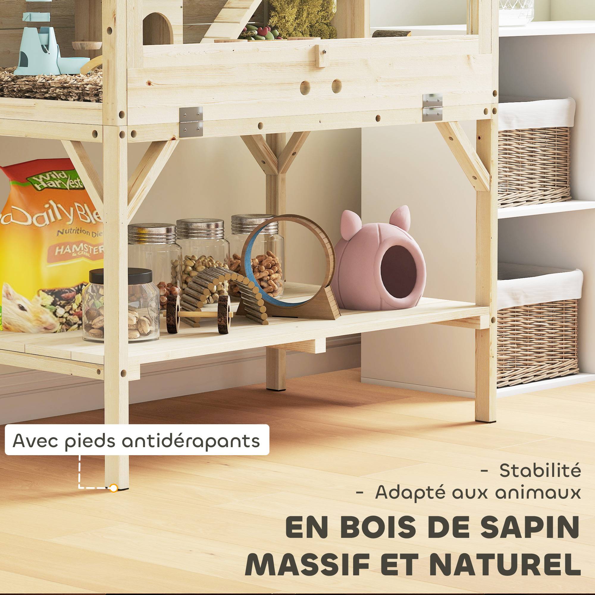 Cage hamster bois sapin rongeurs 2 niveaux étagère 84x110cm bois naturel - ComfortXL Outdoor Living - Image 9