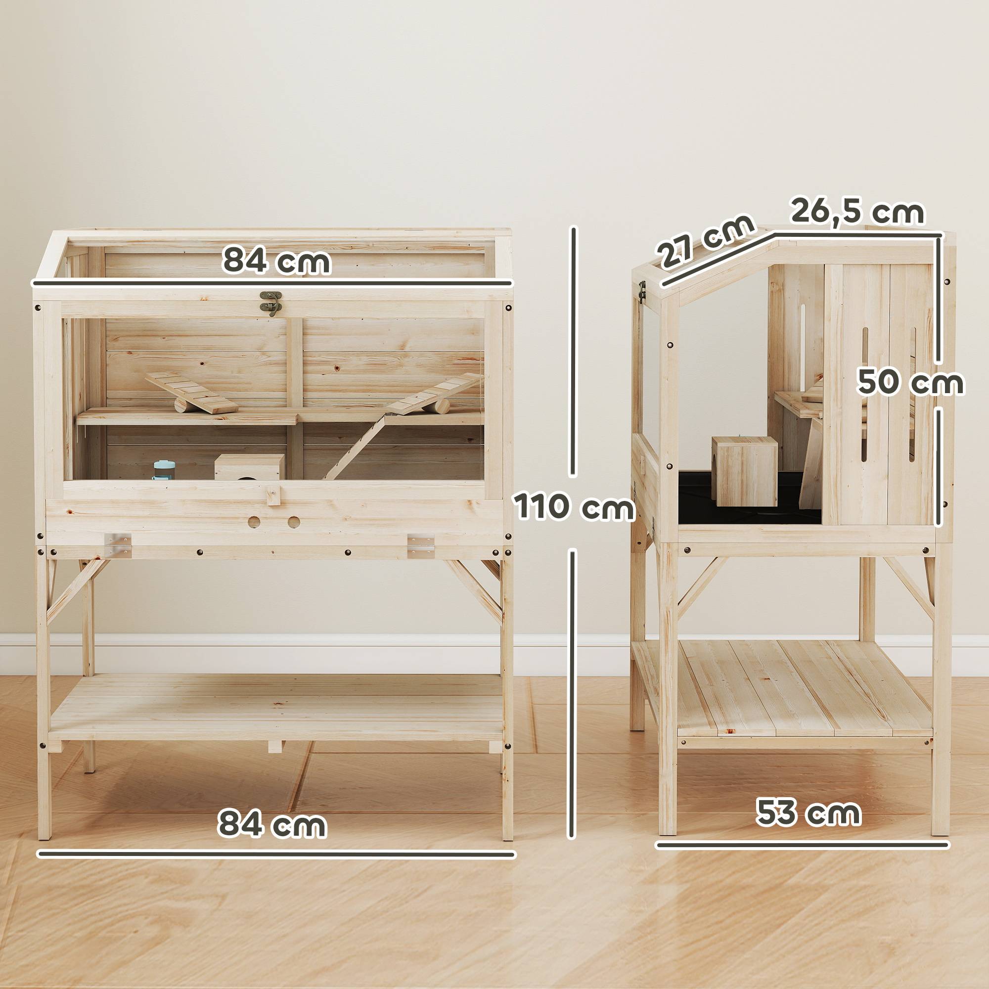 Cage hamster bois sapin rongeurs 2 niveaux étagère 84x110cm bois naturel - ComfortXL Outdoor Living - Image 5