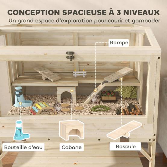 Cage hamster bois sapin rongeurs 2 niveaux étagère 84x110cm bois naturel - ComfortXL Outdoor Living - Image 6