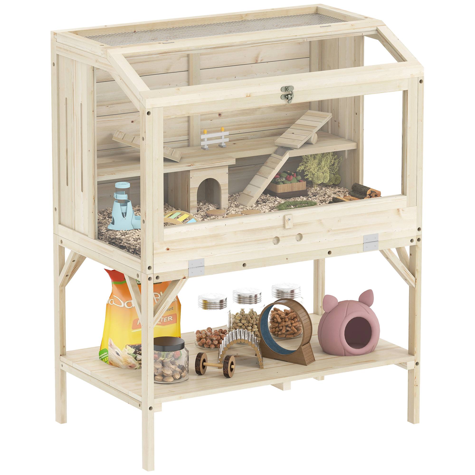 Cage hamster bois sapin rongeurs 2 niveaux étagère 84x110cm bois naturel - ComfortXL Outdoor Living