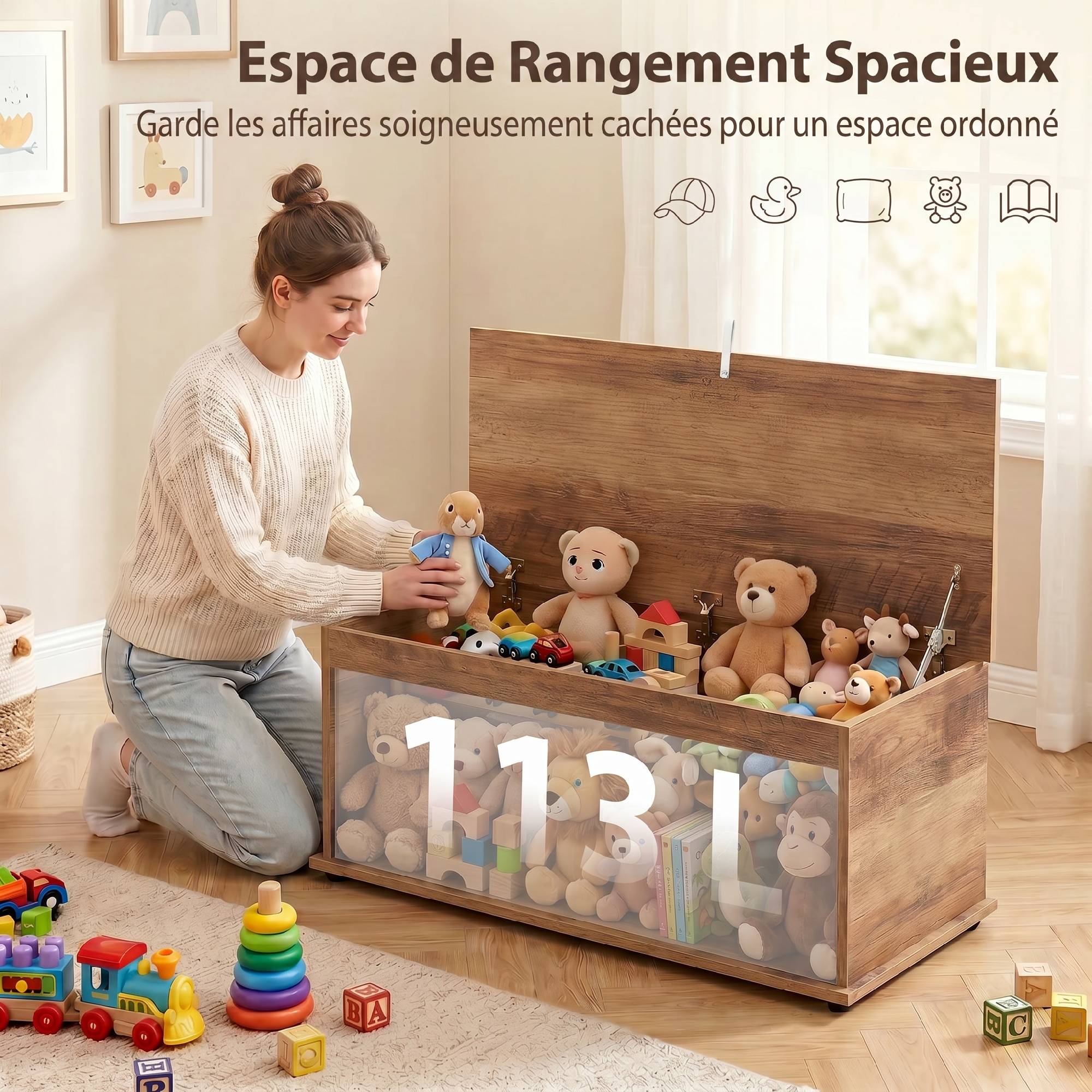 Sans Marque - Coffre de rangement, banc de rangement avec couvercle rabattable et charnières de sécurité, 100 x 40 x 40 cm, marron - Image 6