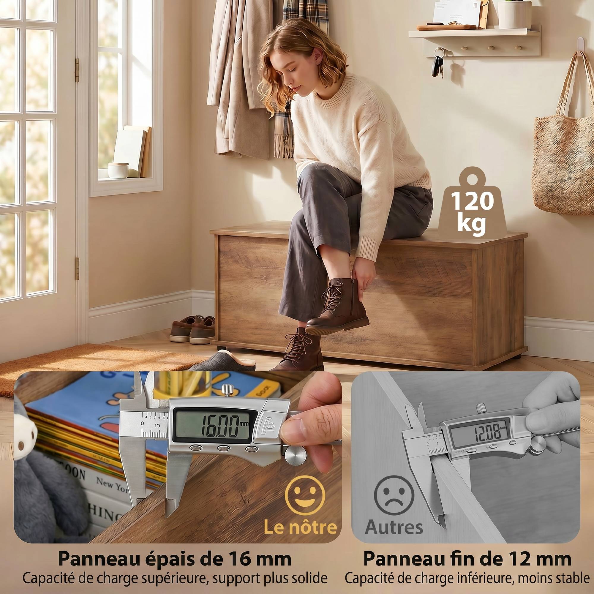 Sans Marque - Coffre de rangement, banc de rangement avec couvercle rabattable et charnières de sécurité, 100 x 40 x 40 cm, marron - Image 8
