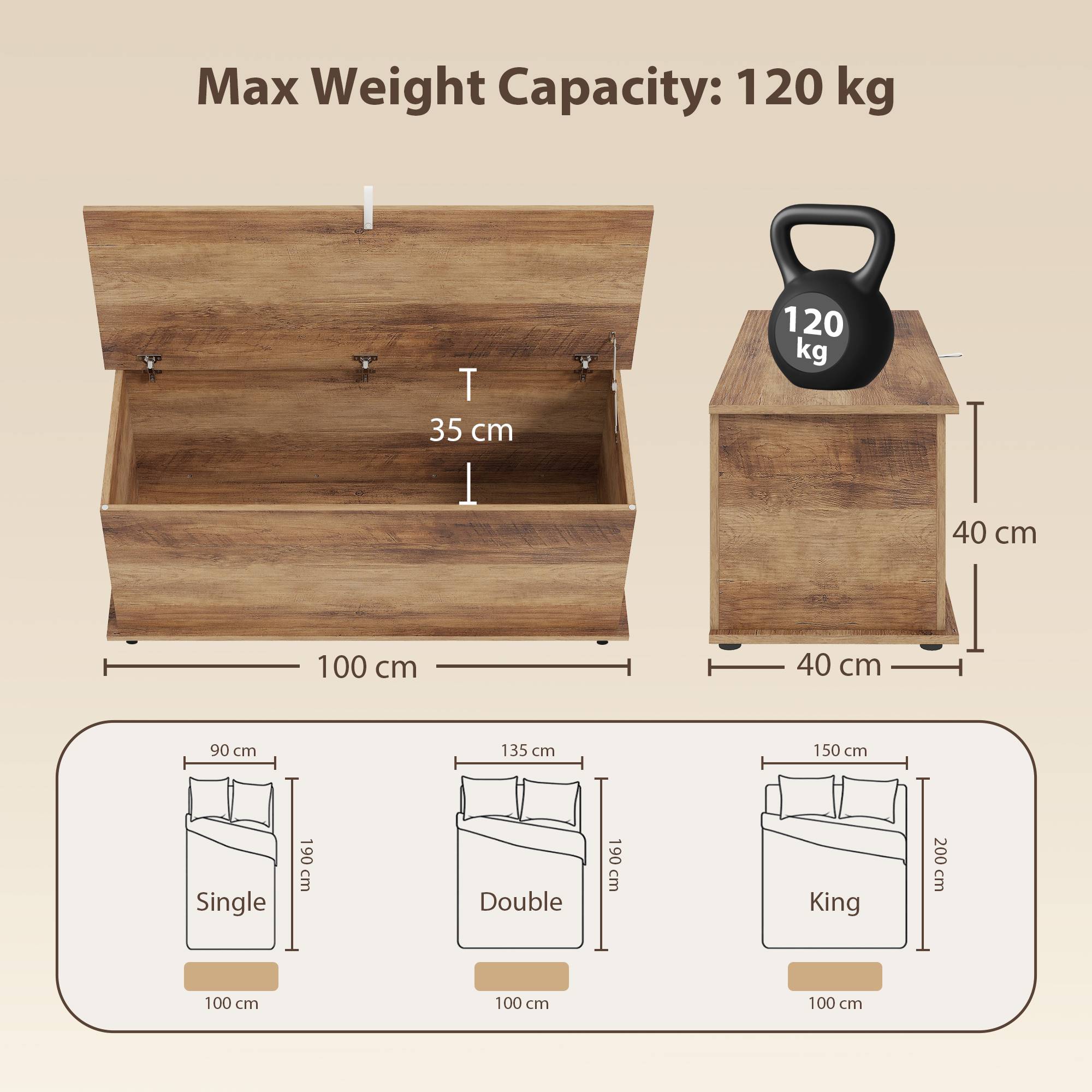 Sans Marque - Coffre de rangement, banc de rangement avec couvercle rabattable et charnières de sécurité, 100 x 40 x 40 cm, marron - Image 5