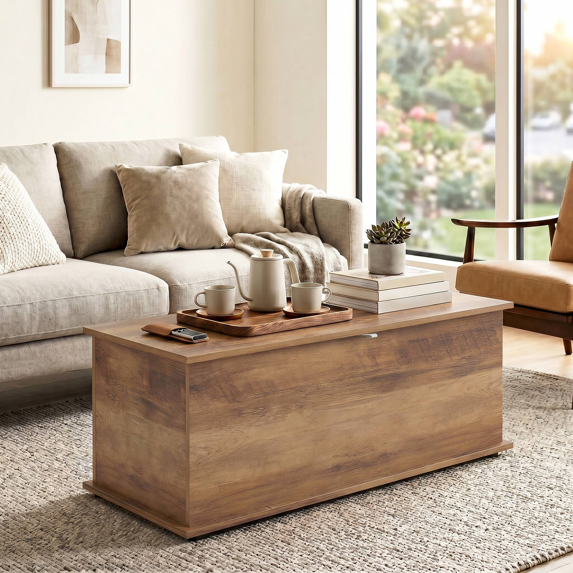 Sans Marque - Coffre de rangement, banc de rangement avec couvercle rabattable et charnières de sécurité, 100 x 40 x 40 cm, marron - Image 10