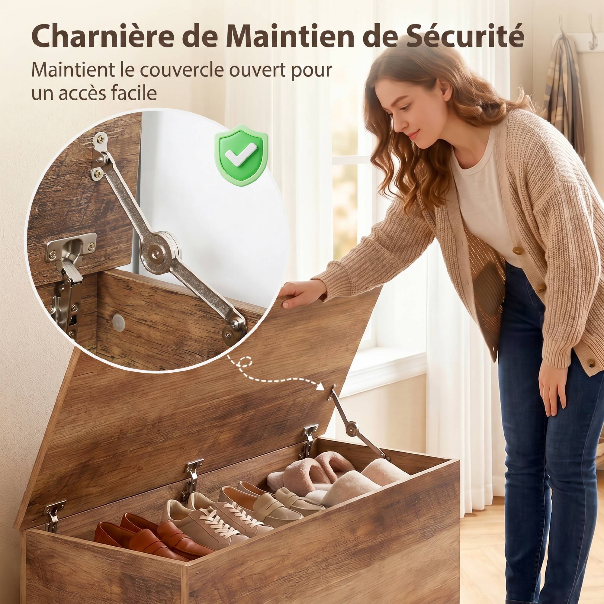 Sans Marque - Coffre de rangement, banc de rangement avec couvercle rabattable et charnières de sécurité, 100 x 40 x 40 cm, marron - Image 7