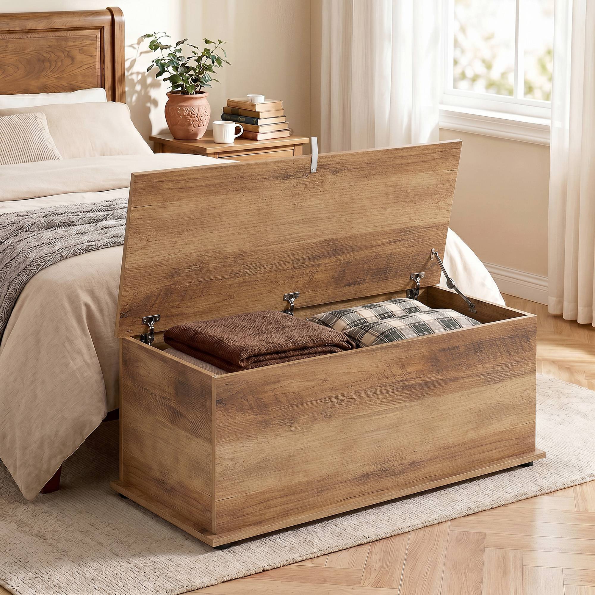 Sans Marque - Coffre de rangement, banc de rangement avec couvercle rabattable et charnières de sécurité, 100 x 40 x 40 cm, marron - Image 3