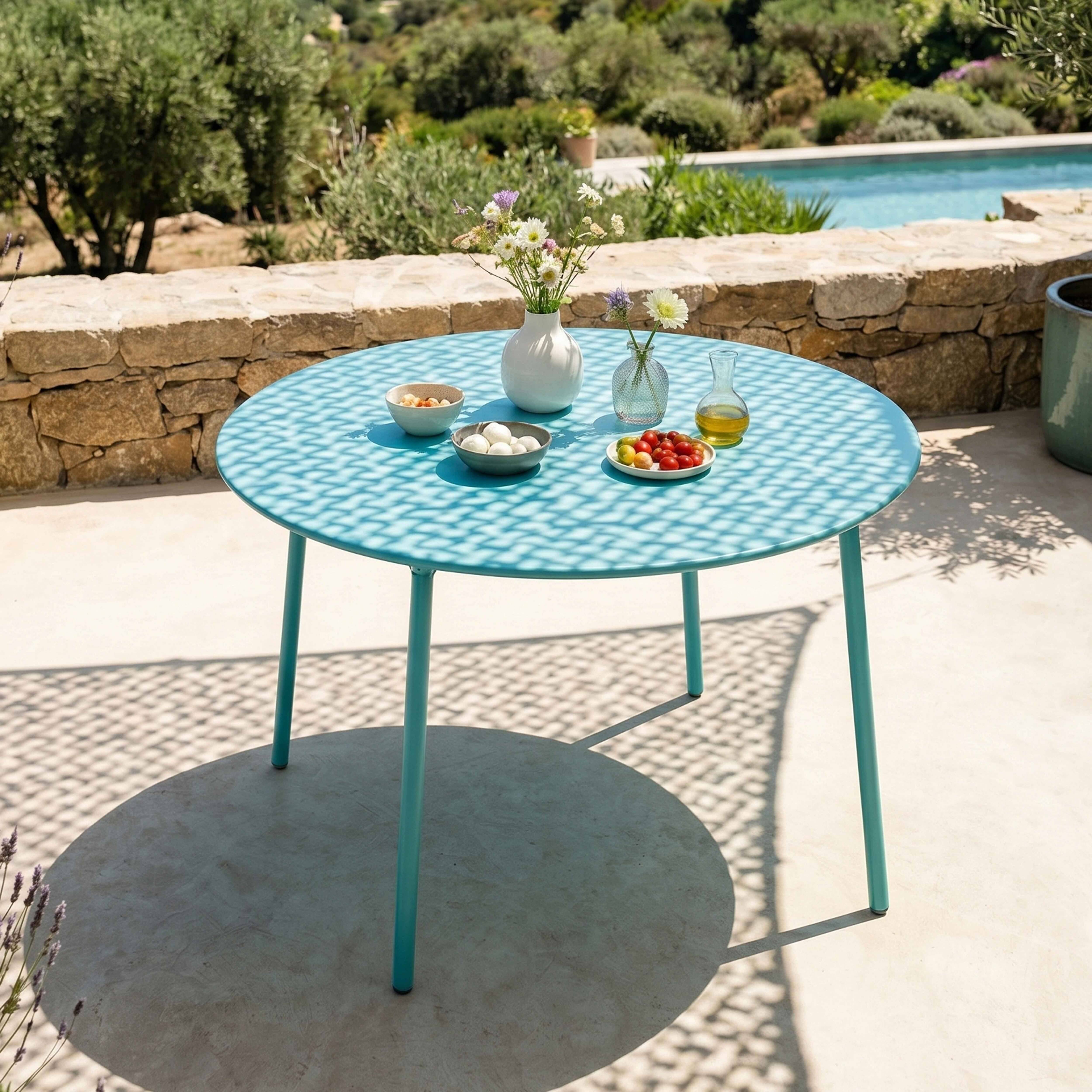 Oviala - Ensemble table de jardin ronde et 6 chaises en métal turquoise Palavas - Oviala - Imagen 3