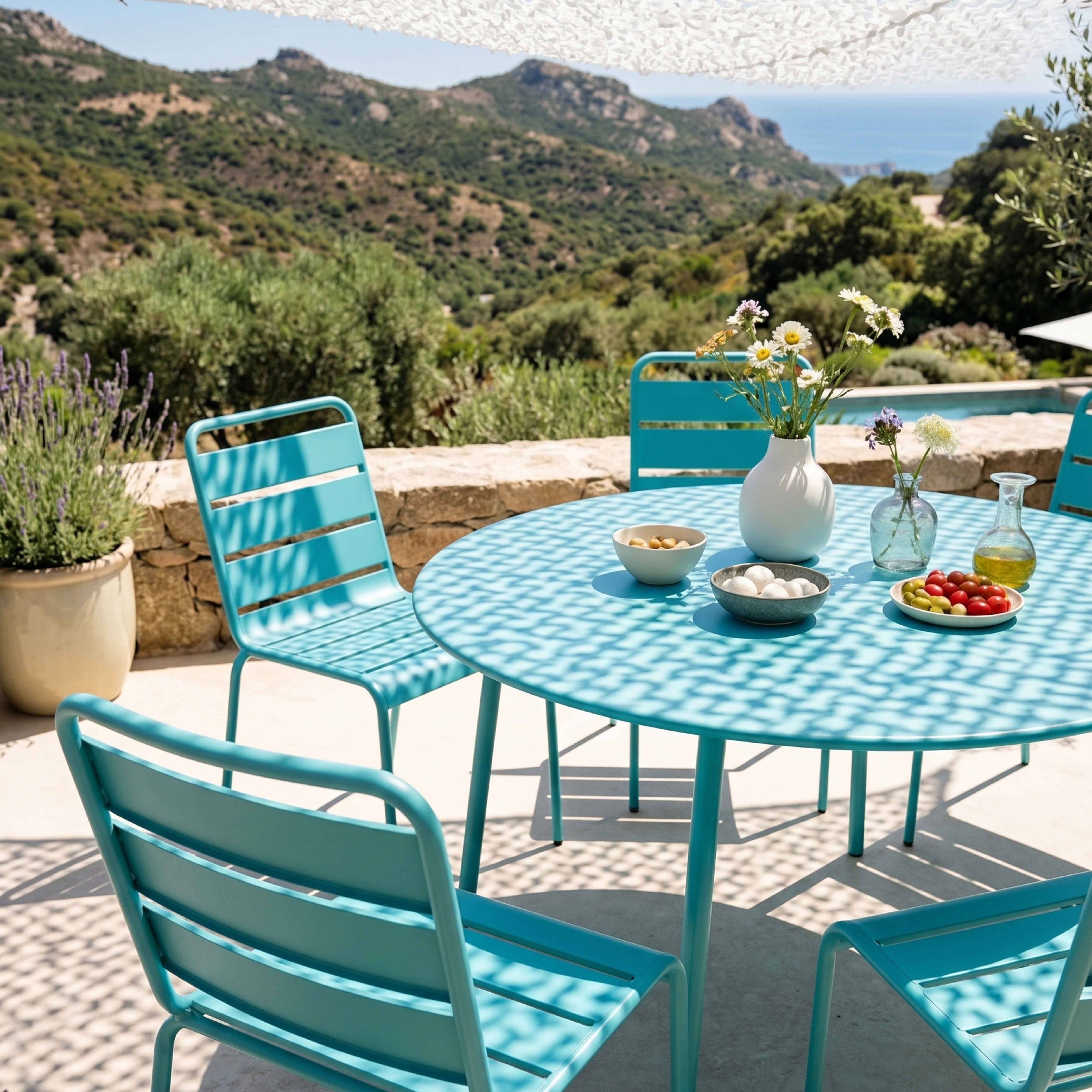 Oviala - Ensemble table de jardin ronde et 6 chaises en métal turquoise Palavas - Oviala - Imagen 4