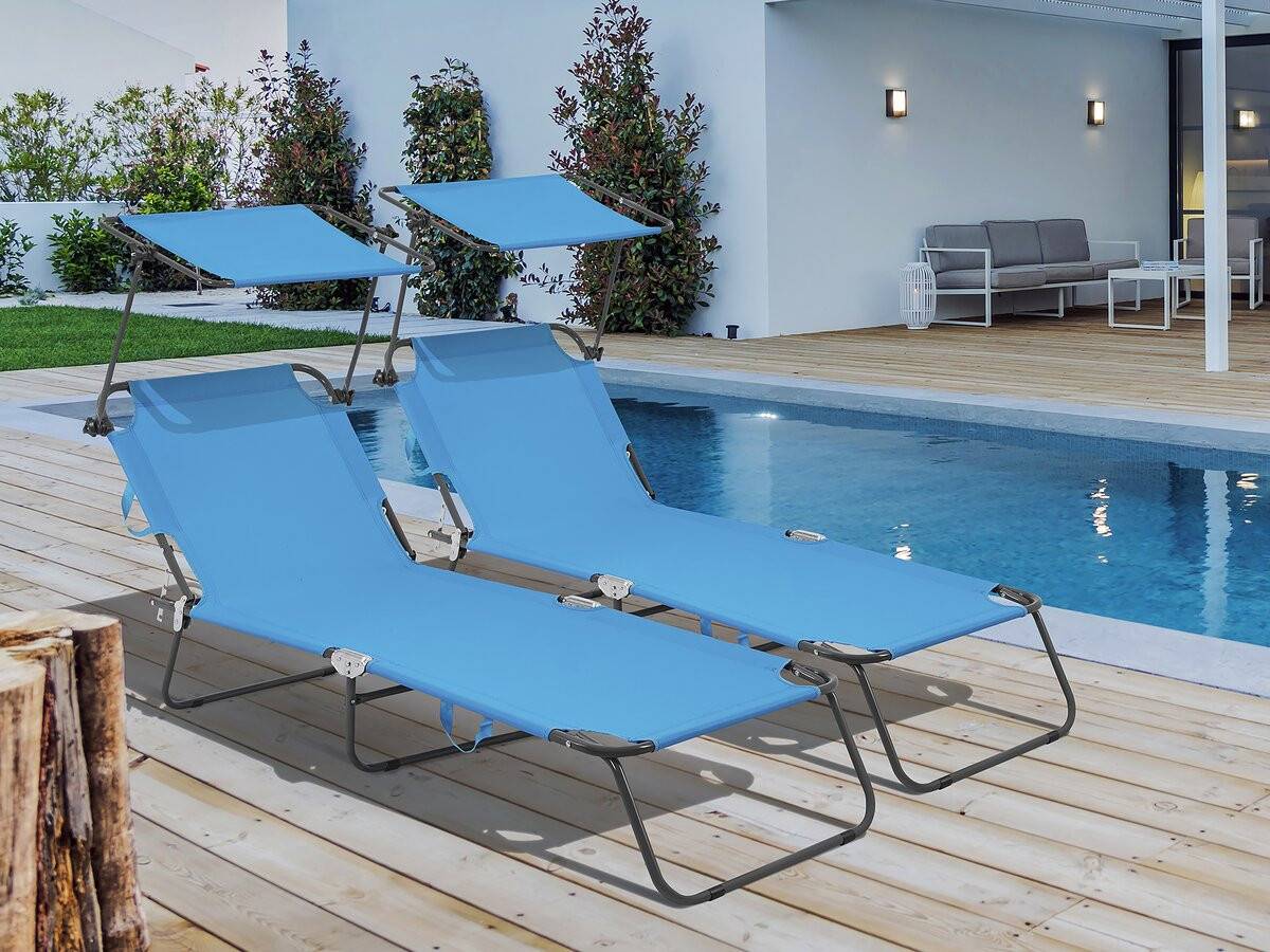 Habitat Et Jardin - Lot De 2 Bains De Soleil Pliable "lazy" - Avec Pare Soleil - Bleu -habitat Et Jardin - Image 2