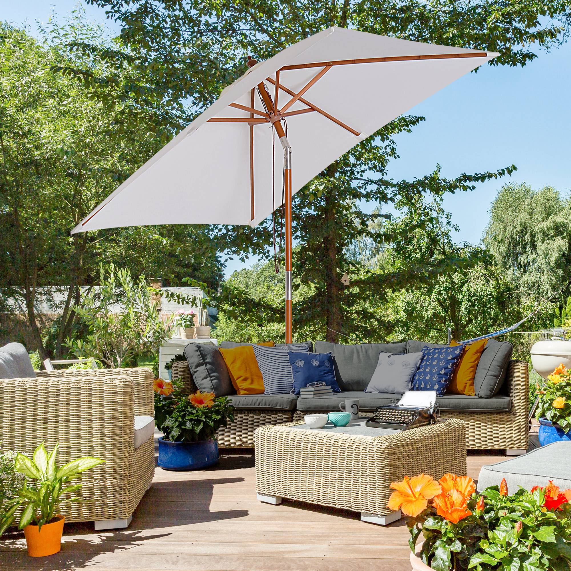 ComfortXL - Parasol rectangulaire bois massif inclinable terrasse balcon anti-UV 200x150cm crème - ComfortXL Outdoor Living - Image 4