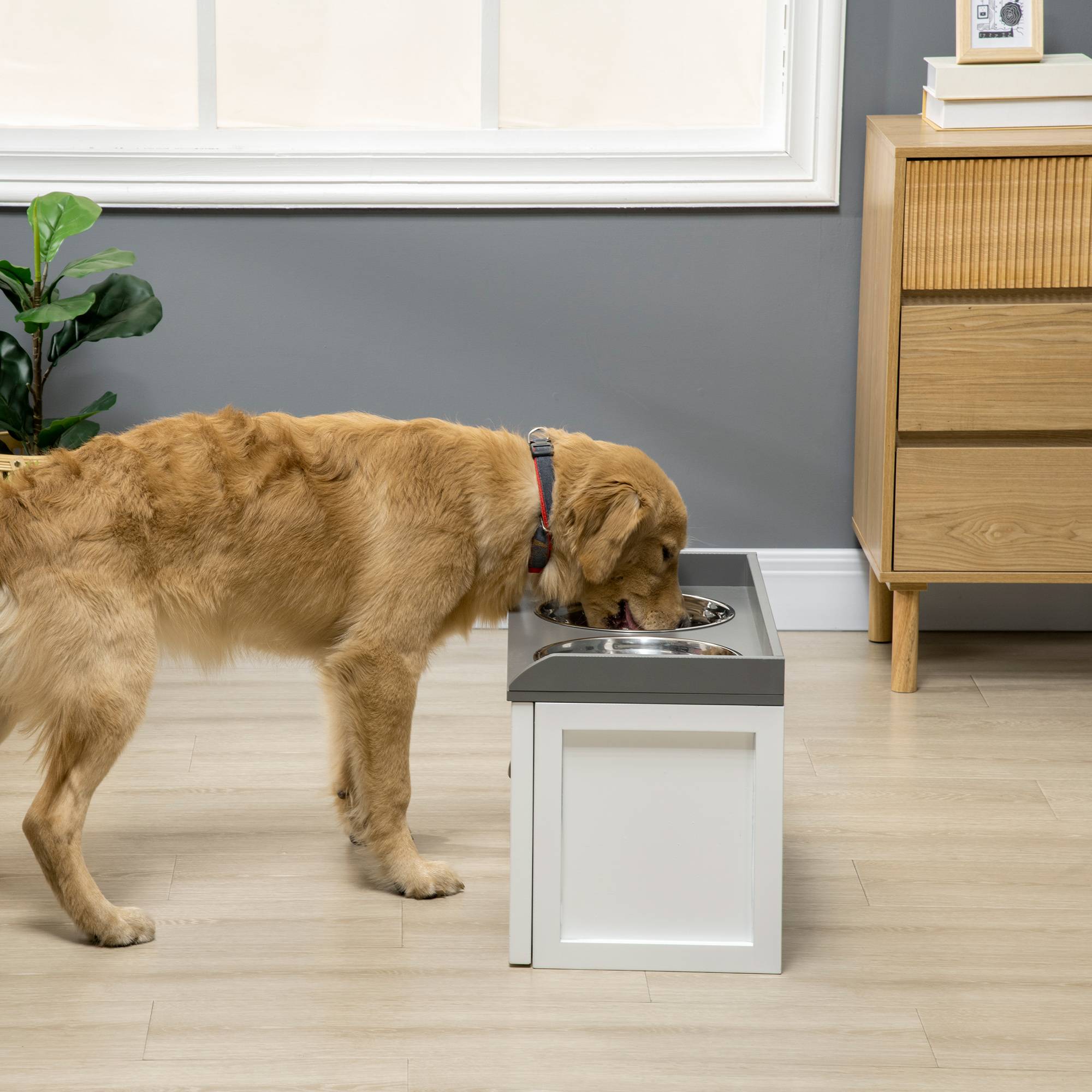 Distributeur de nourriture pour chiens et chats en inox avec tiroir de rangement, 60 x 30 x 36 cm, blanc - PANGIVO - Image 2