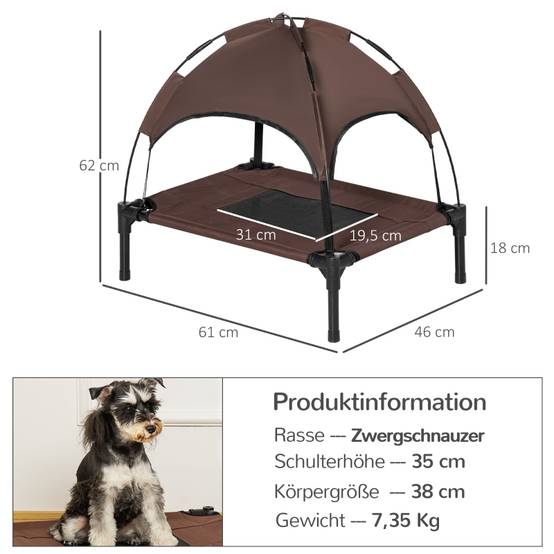 Lit de camp pour chien extérieur avec auvent 61 x 46 x 62 cm métal tissu oxford et mesh café - PANGIVO - Image 2