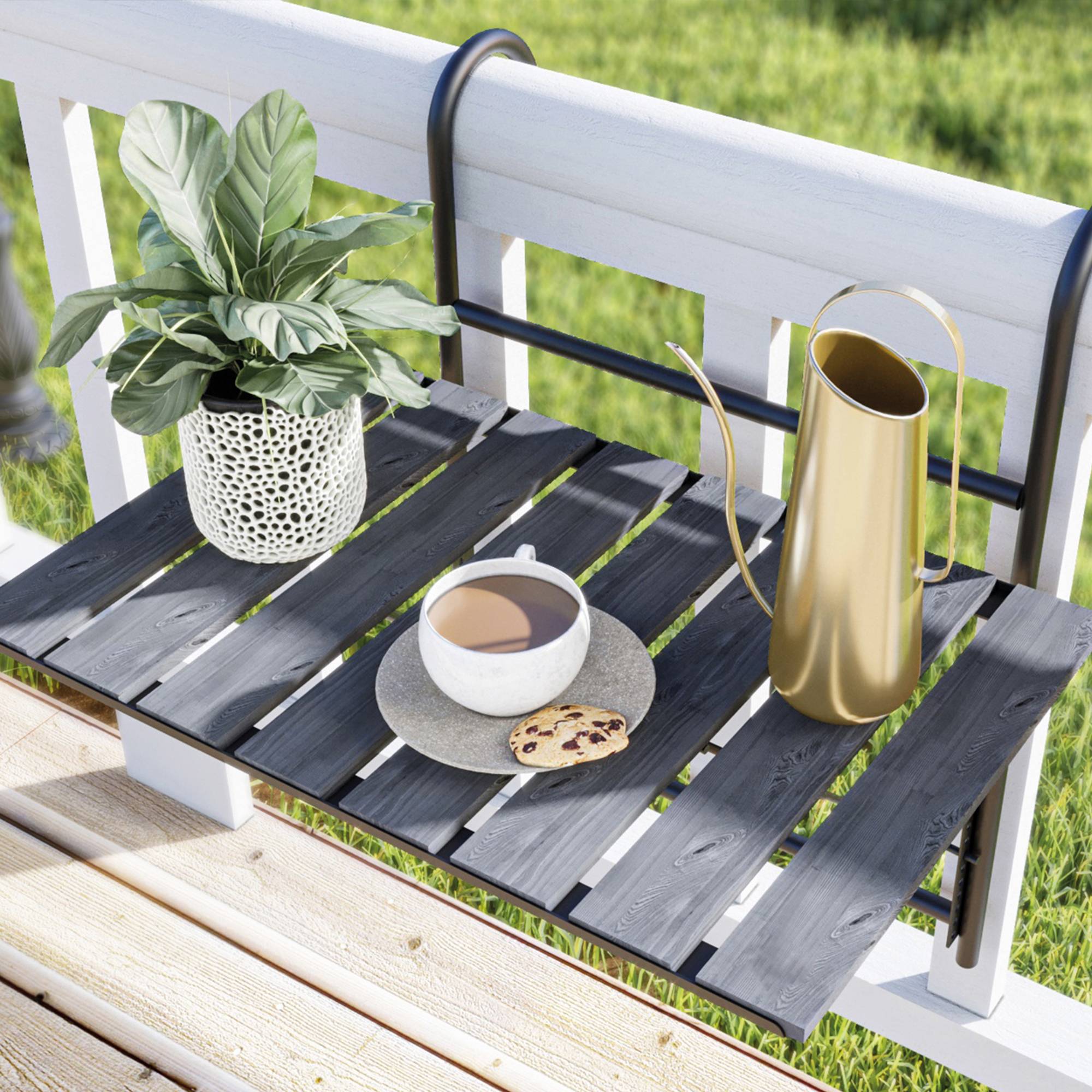 Table de balcon rabattable Petäjävesi métal bois de pin 60 x 40 x 58 cm noir gris structuré [en.casa] - Imagen 2