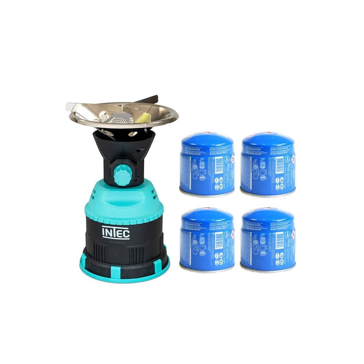 Rechaud gaz 1200W piezo Coque ABS + 4 Cartouches gaz 190 gr INTEC - Imagen 1
