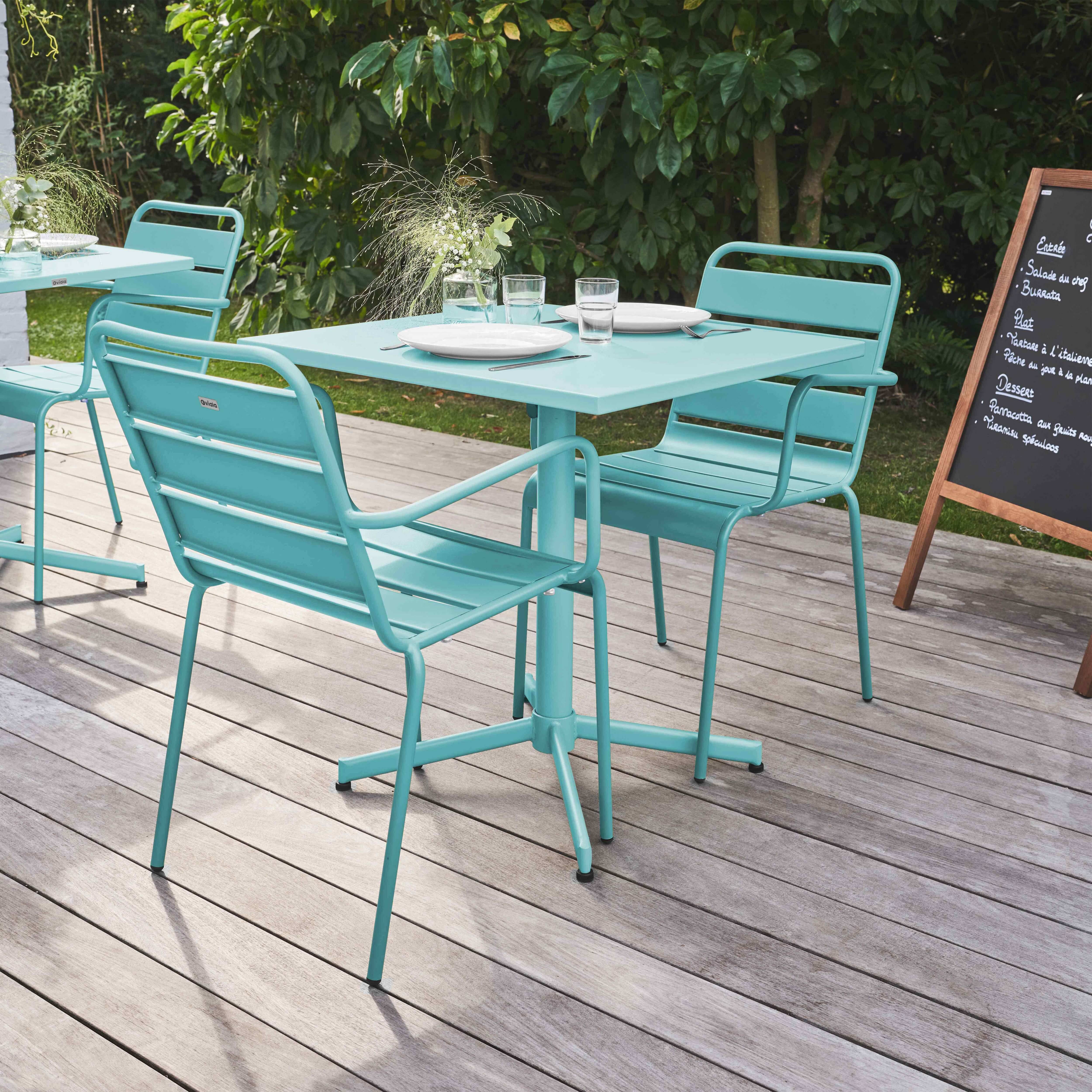 Oviala - Ensemble table de jardin carrée et 2 fauteuils métal turquoise Palavas - Oviala - Imagen 3