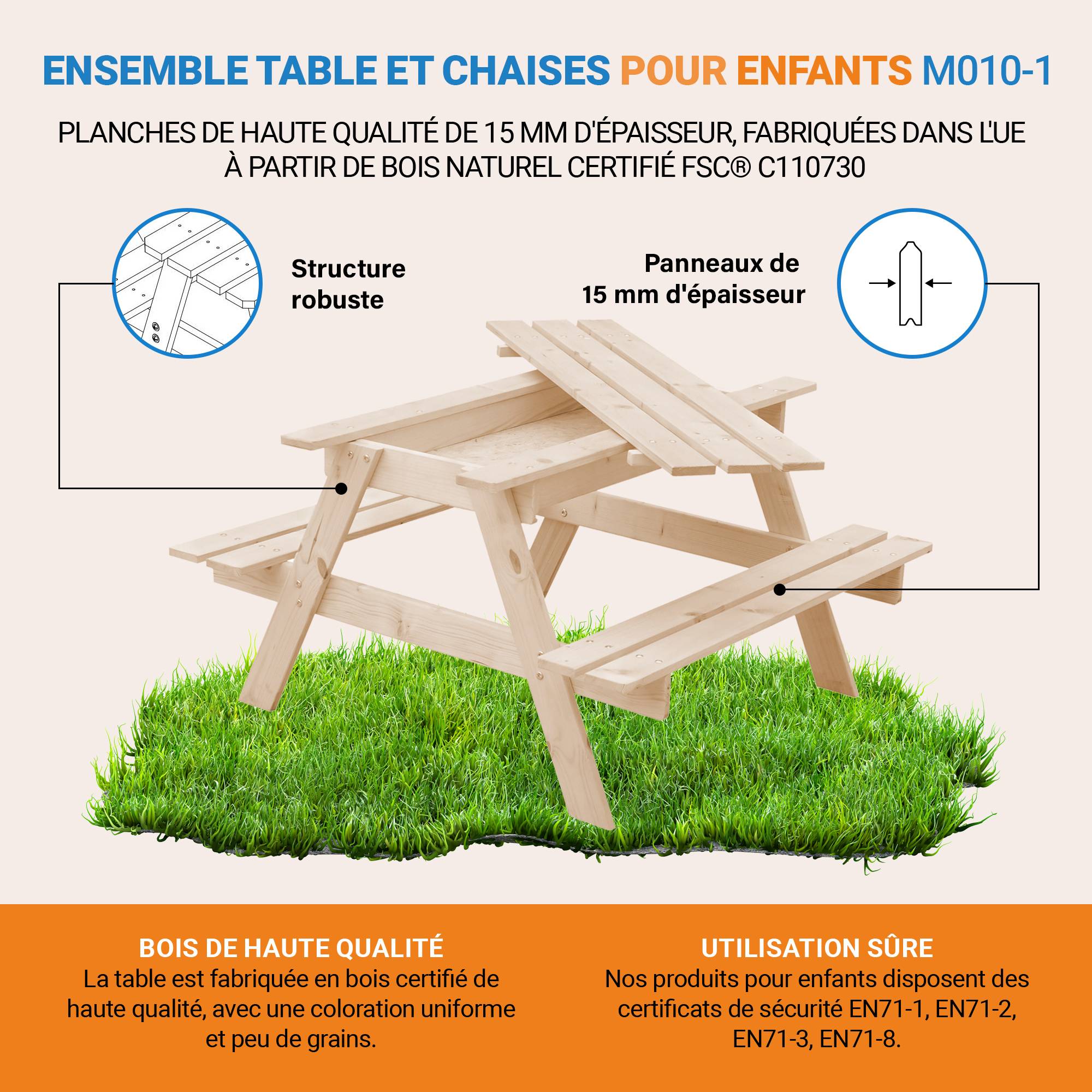 Timbela - Table Enfant pour Le Jardin 90x90xH50 cm et Chaise avec Boite de Rangement - Pour l'extérieur ou à l'intérieur - 15 mm d’épaisseur - Timbela M010-1 - Imagen 8