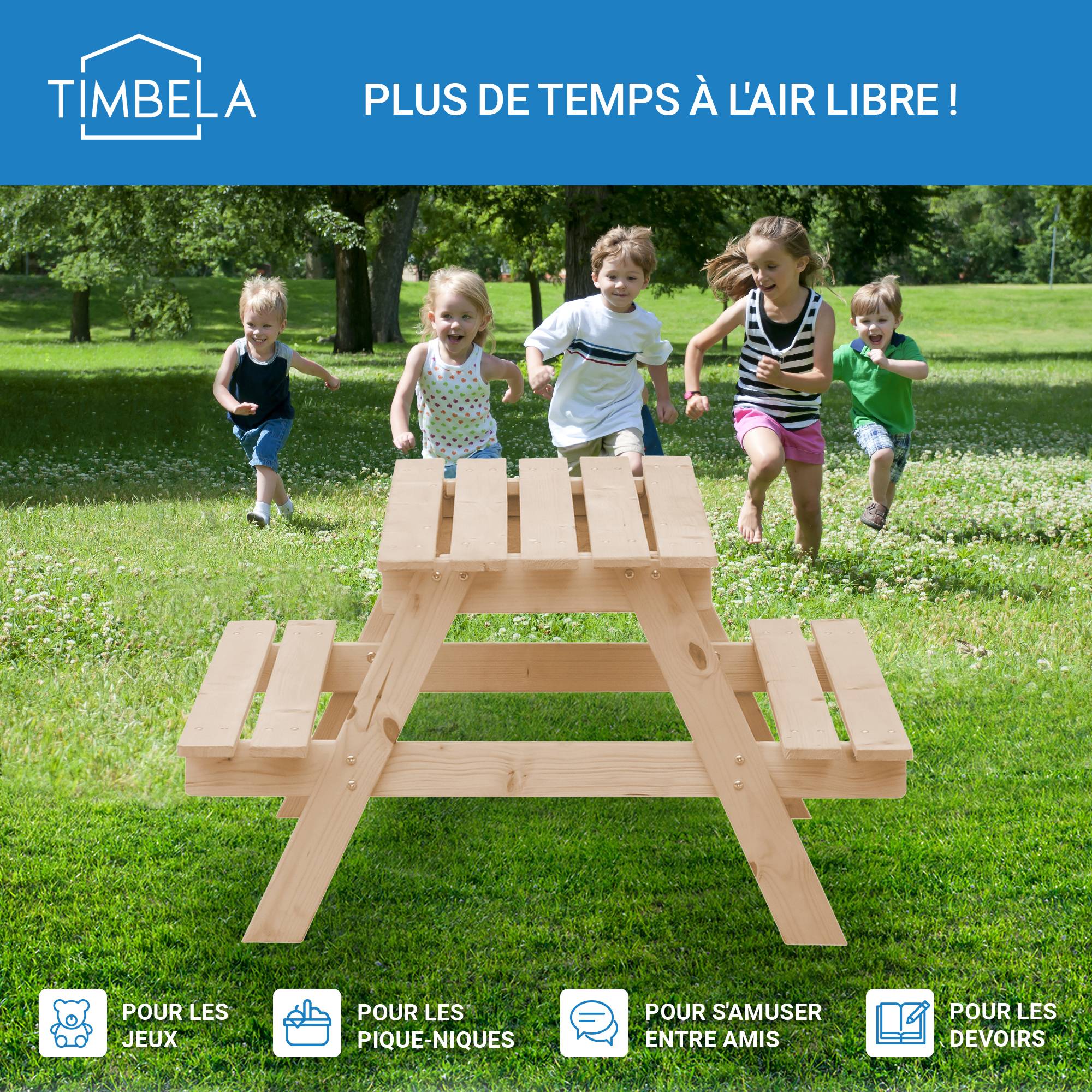 Timbela - Table Enfant pour Le Jardin 90x90xH50 cm et Chaise avec Boite de Rangement - Pour l'extérieur ou à l'intérieur - 15 mm d’épaisseur - Timbela M010-1 - Imagen 7