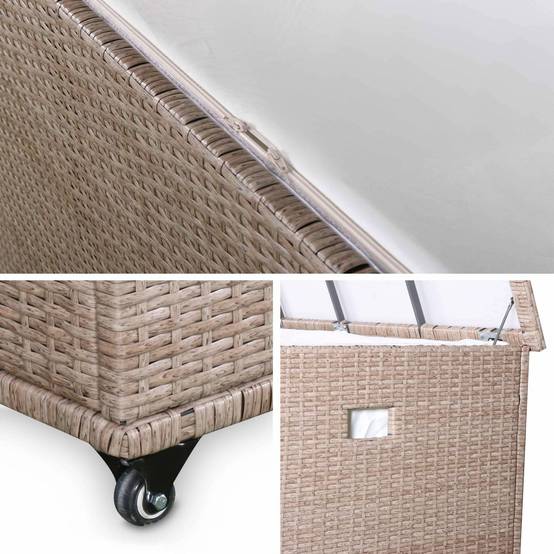 sweeek - Coffre de jardin en résine tressée naturelle - Cassapanca - 790L. vérins. roulettes. poignée et housse intérieure beige. rangement coussins | sweeek - Image 6