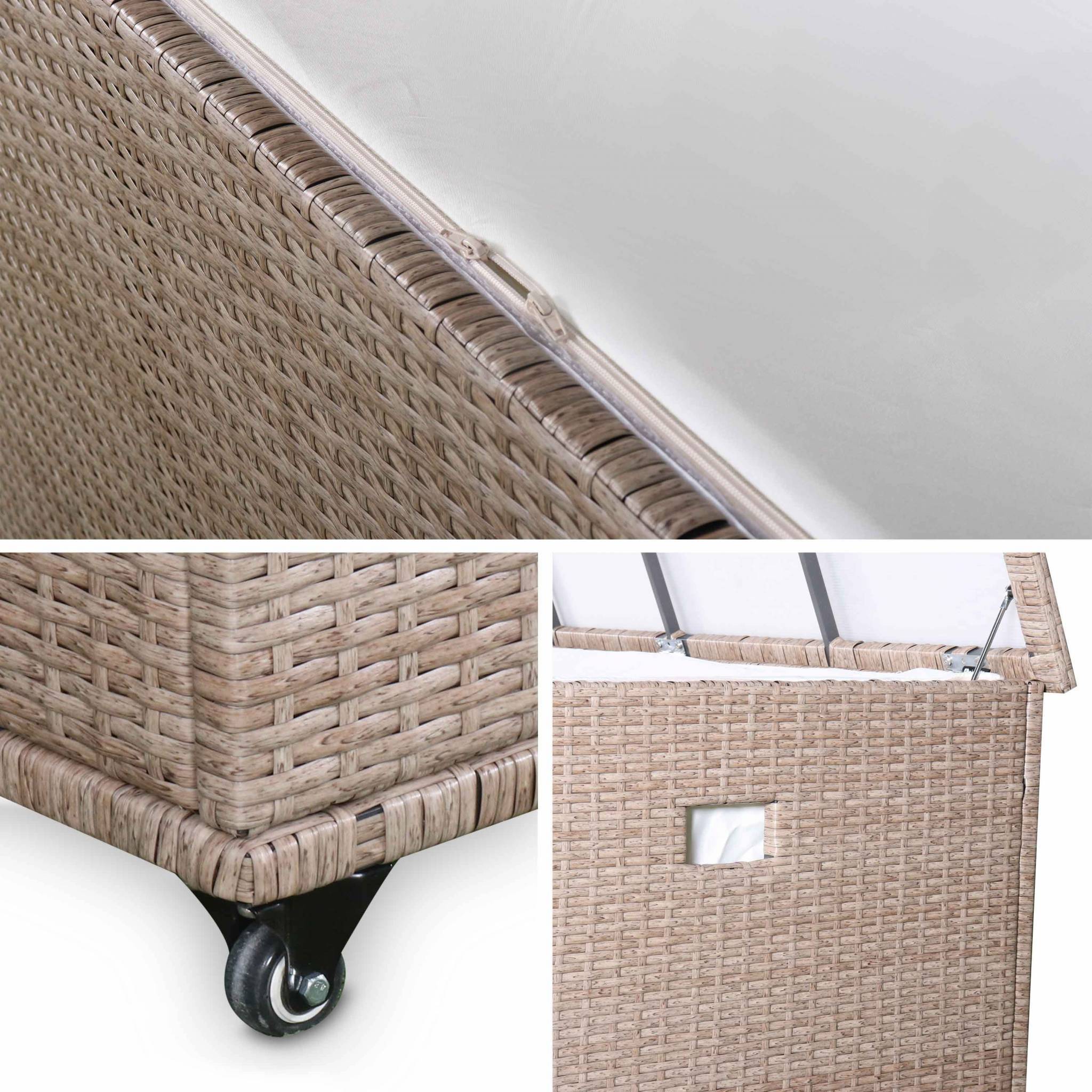 sweeek - Coffre de jardin en résine tressée naturelle - Cassapanca  - 790L. vérins. roulettes. poignée et housse intérieure beige. rangement coussins | sweeek - Image 6
