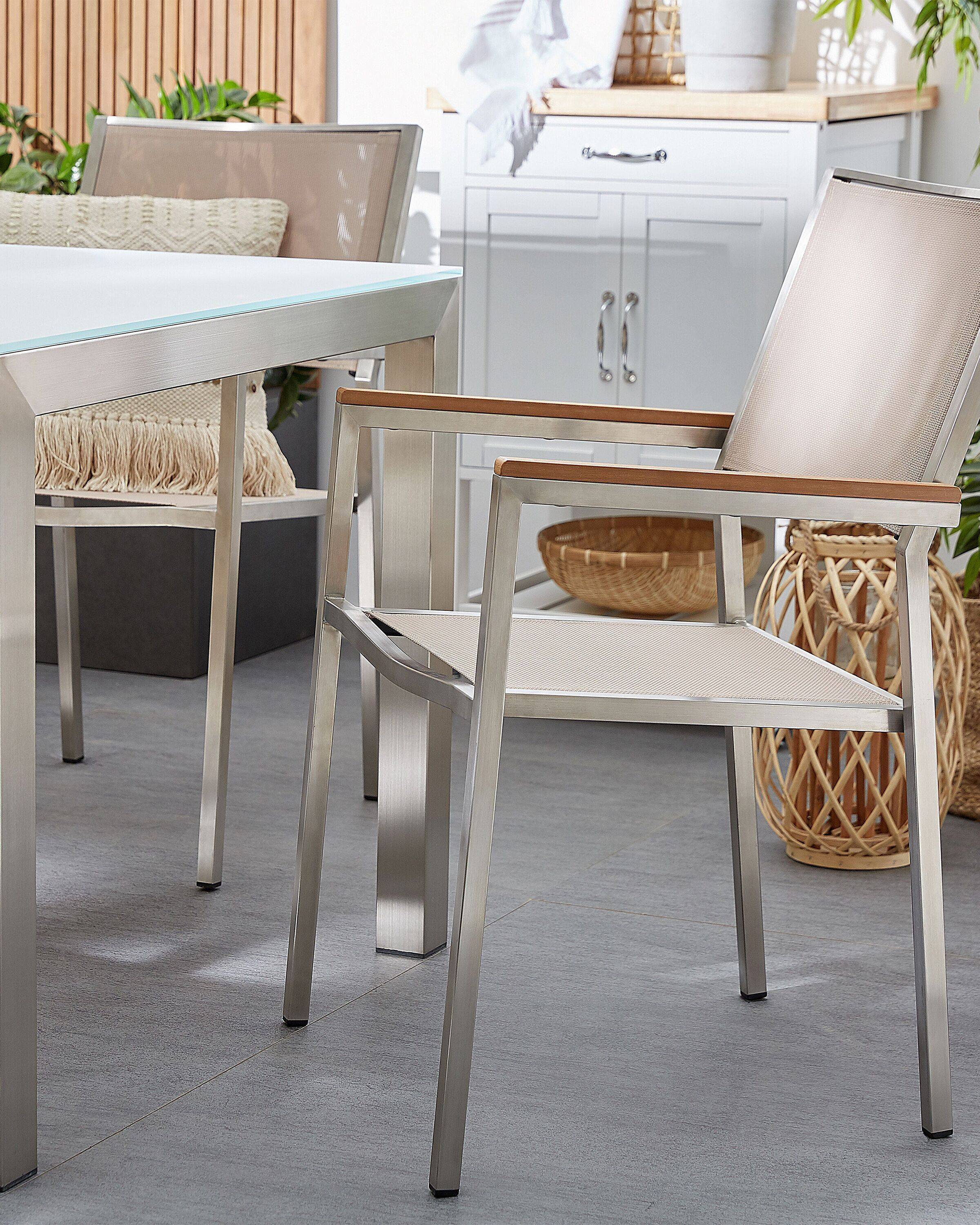 Lot 2 Chaises de Jardin en Acier Inox et Textile Beige Résistant au Intempéries Design Moderne Élégant et Tendance pour Terrasse ou Balcon - Imagen 2