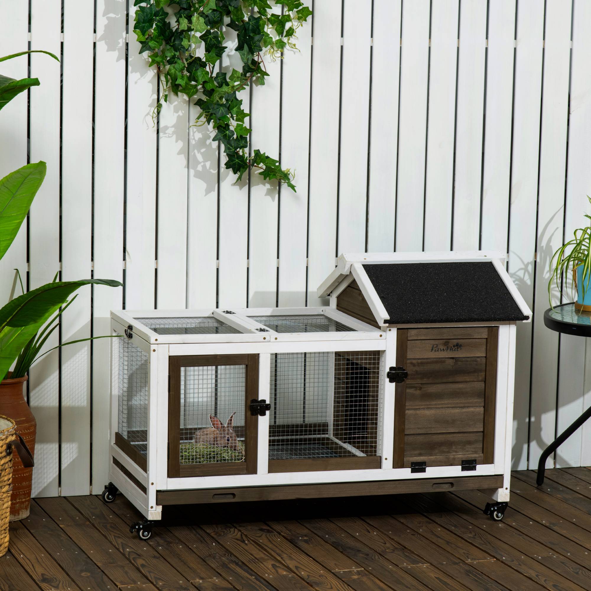 Clapier à lapins bois extérieur sur roulettes aire de jeu couverte marron - ComfortXL Outdoor Living - Image 3