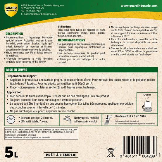 Imperméabilisant Toit Incolore Haute Performance Formule Végétale ImperGuard Spécial Toit Toute Tuile 5 ans Sec 30 min 5L 50 m2 - Image 6